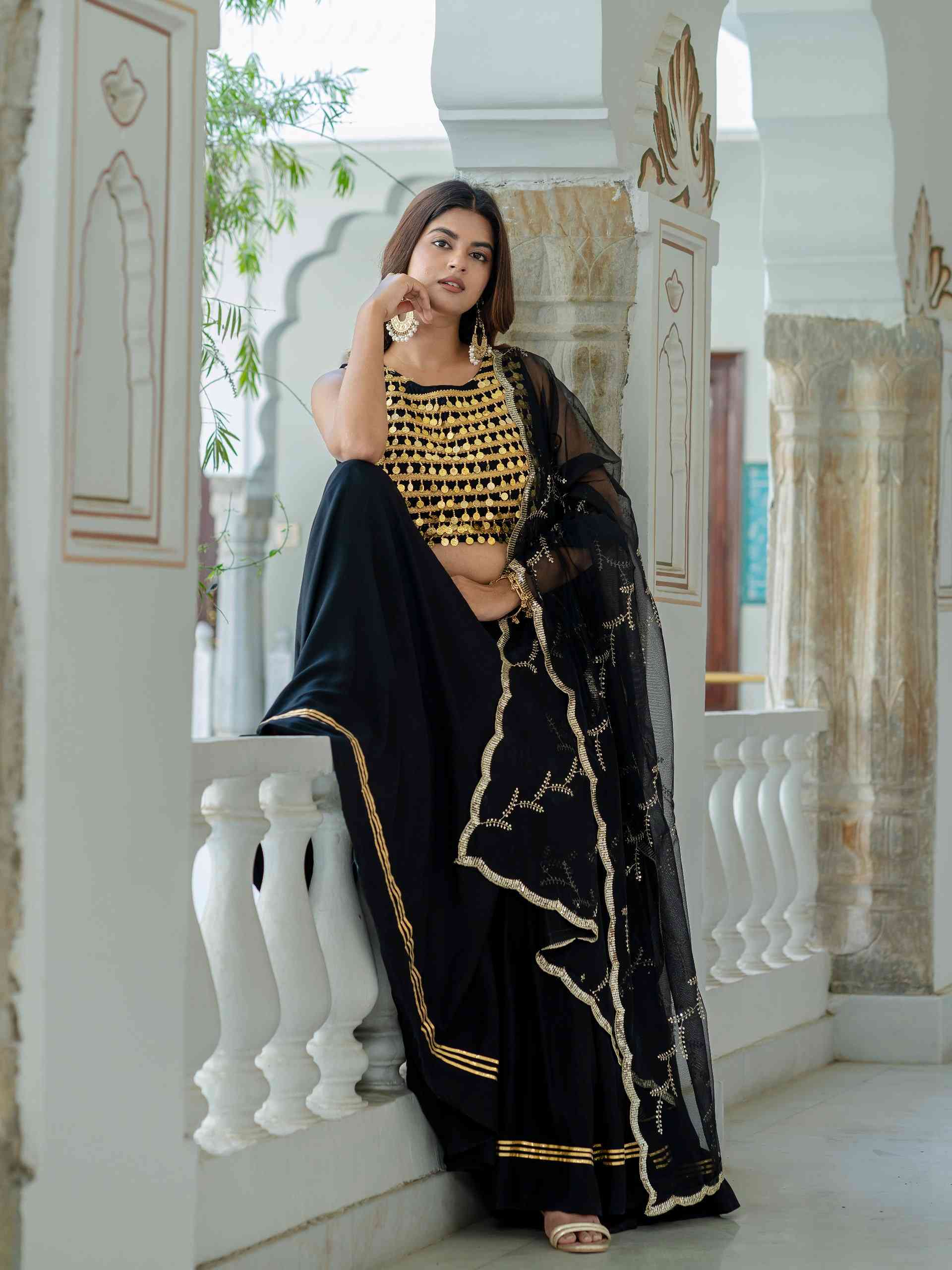 Black Ready To Wear Lehenga with Golden Work Blouse