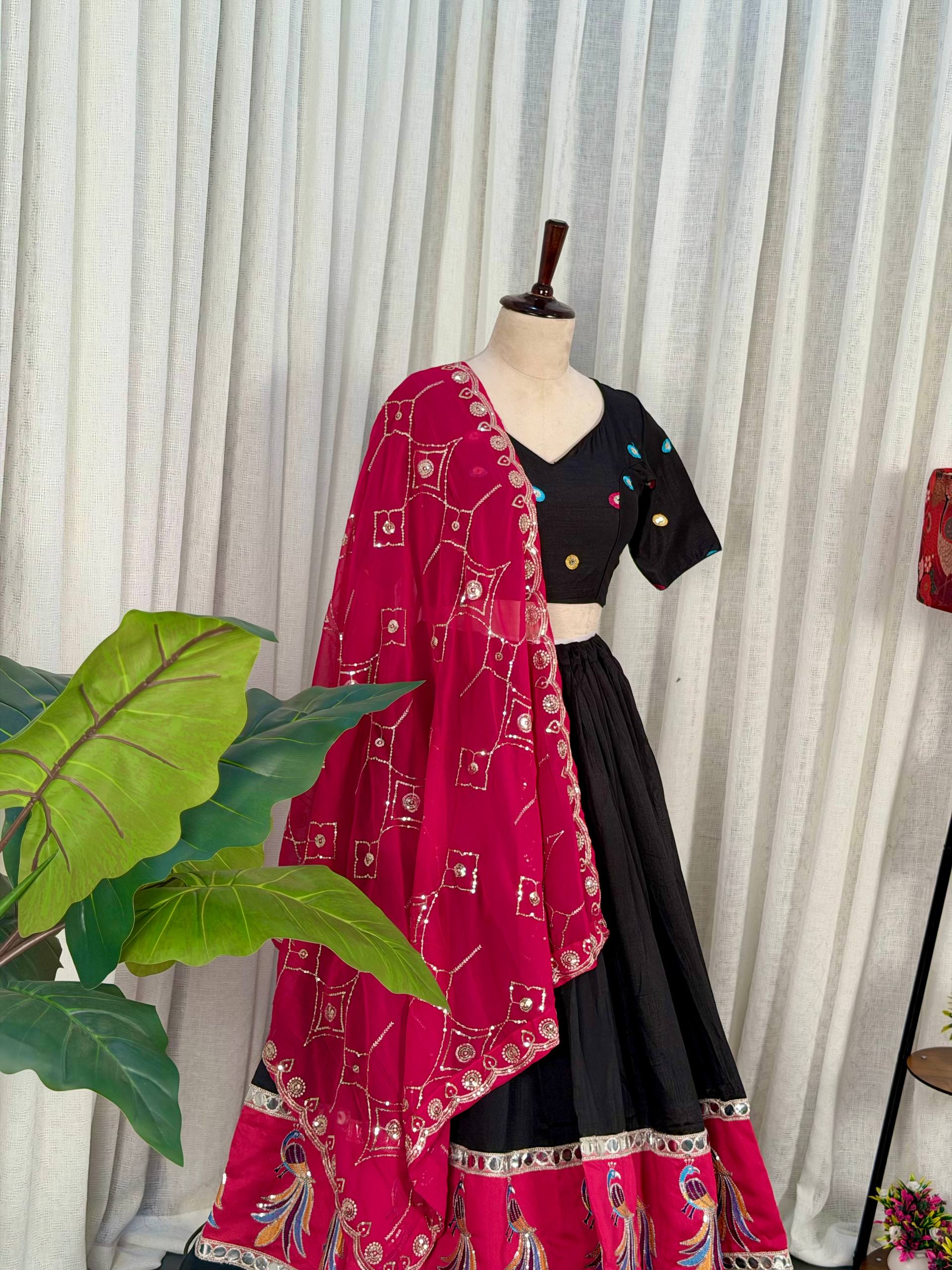 Black Readymade Chaniya Choli with Pink Dupatta Under 2000