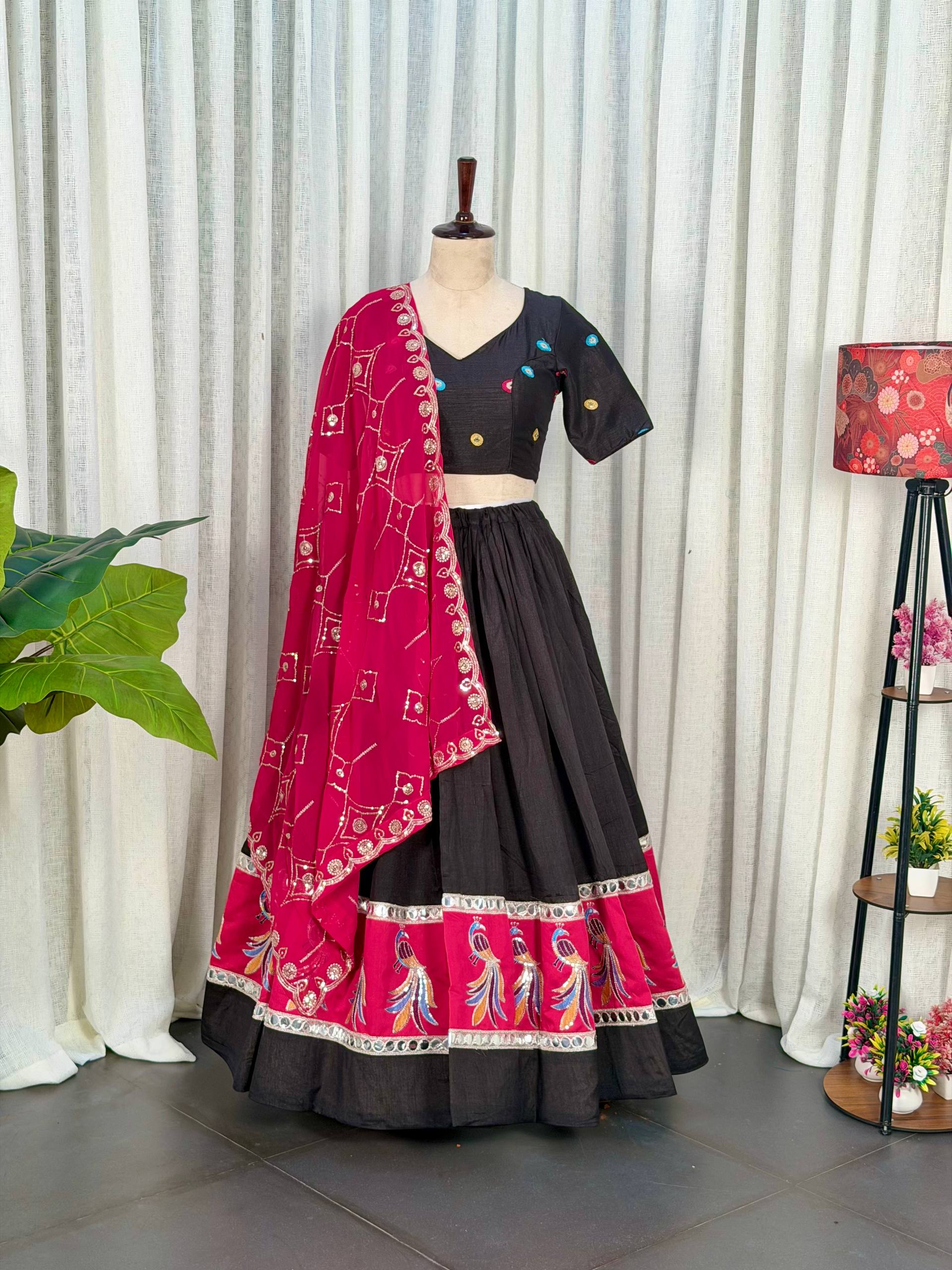 Black Readymade Chaniya Choli with Pink Dupatta Under 2000