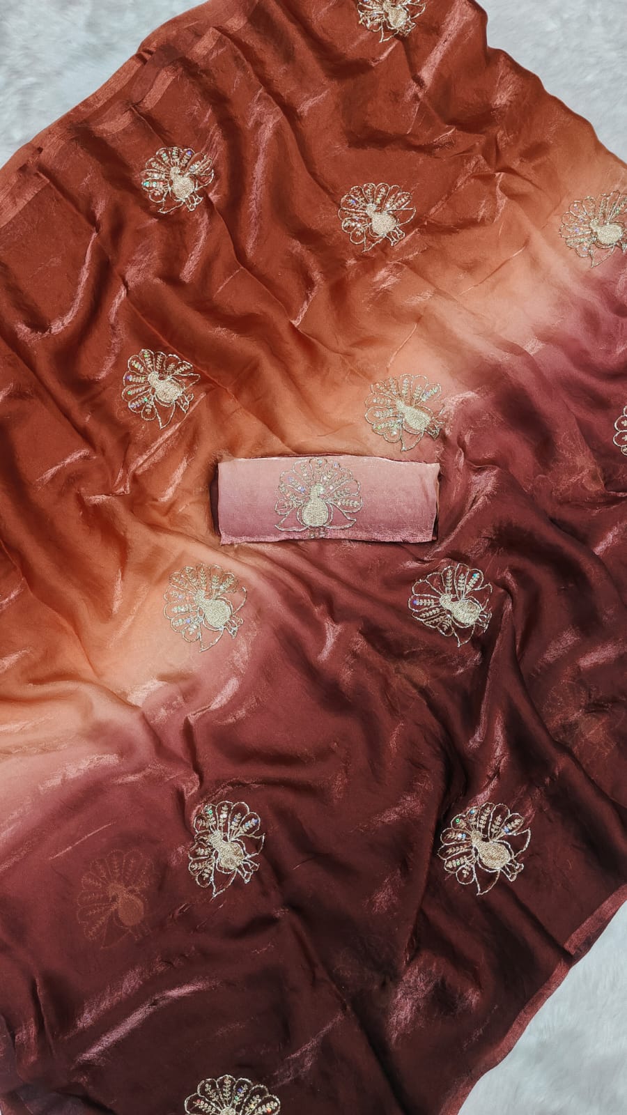 Brown Fendi Silk Saree with Peacock handwork