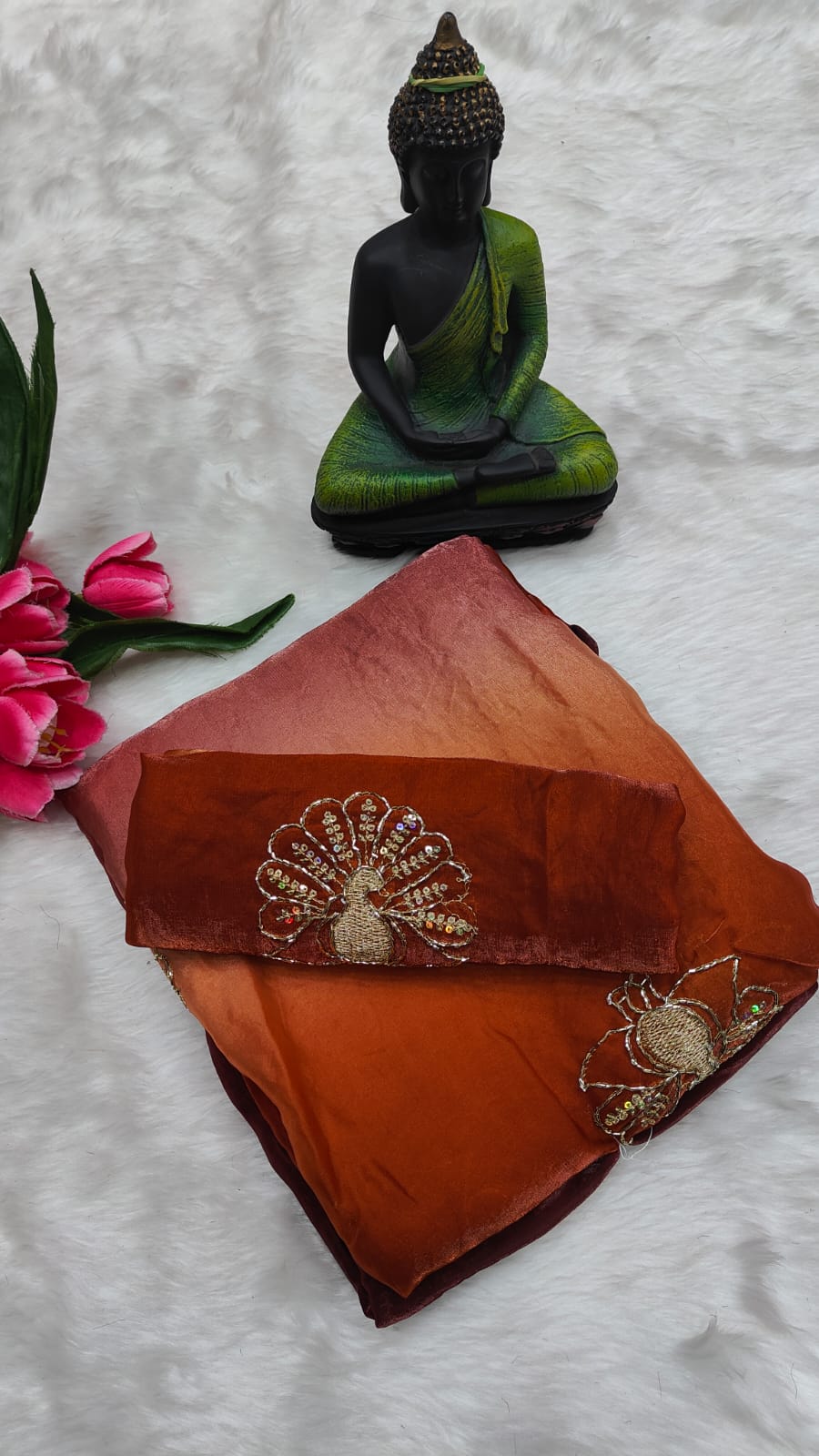 Brown Fendi Silk Saree with Peacock handwork