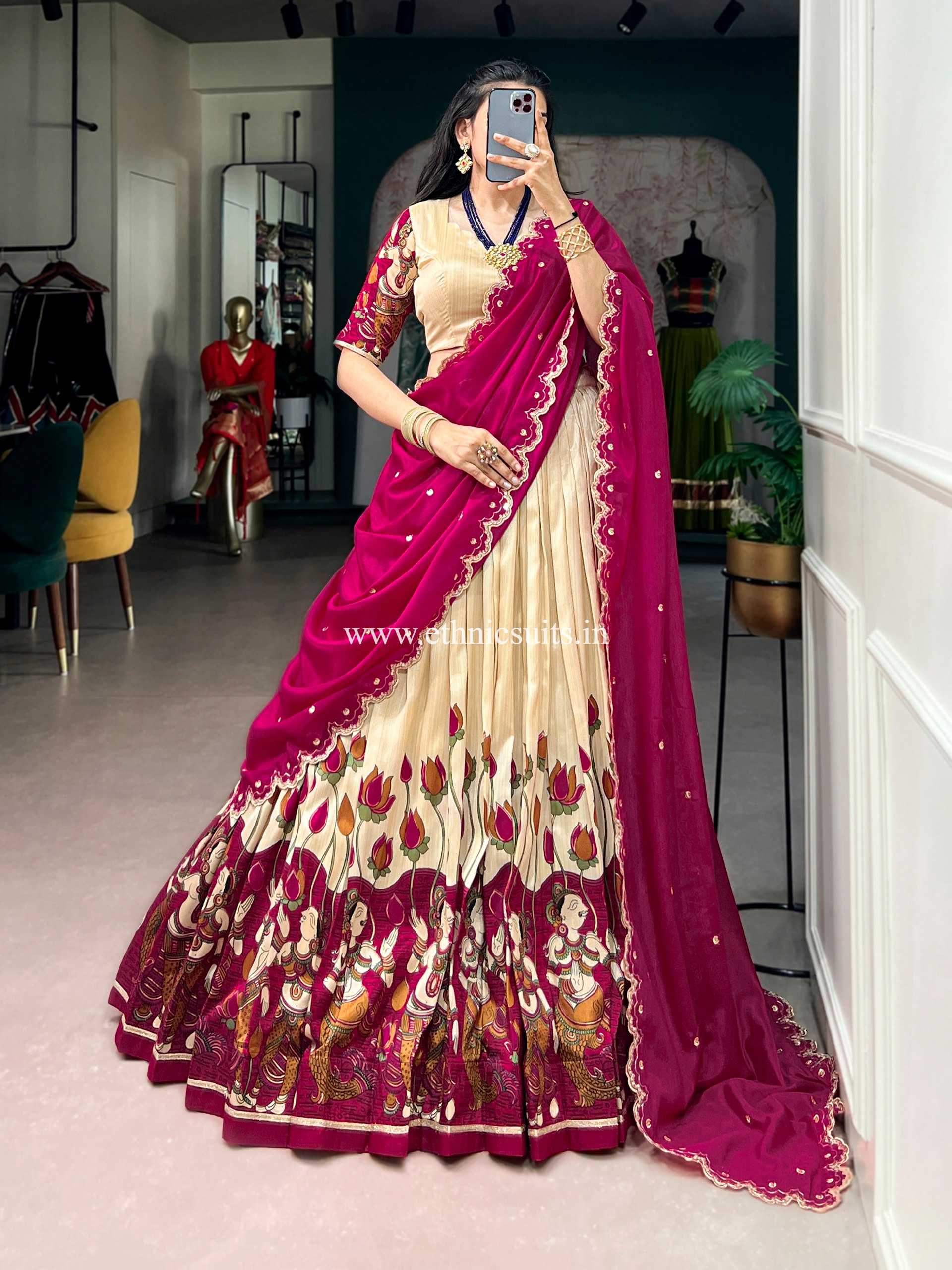 Cream Color Kalamkari Printed Lehenga Blouse