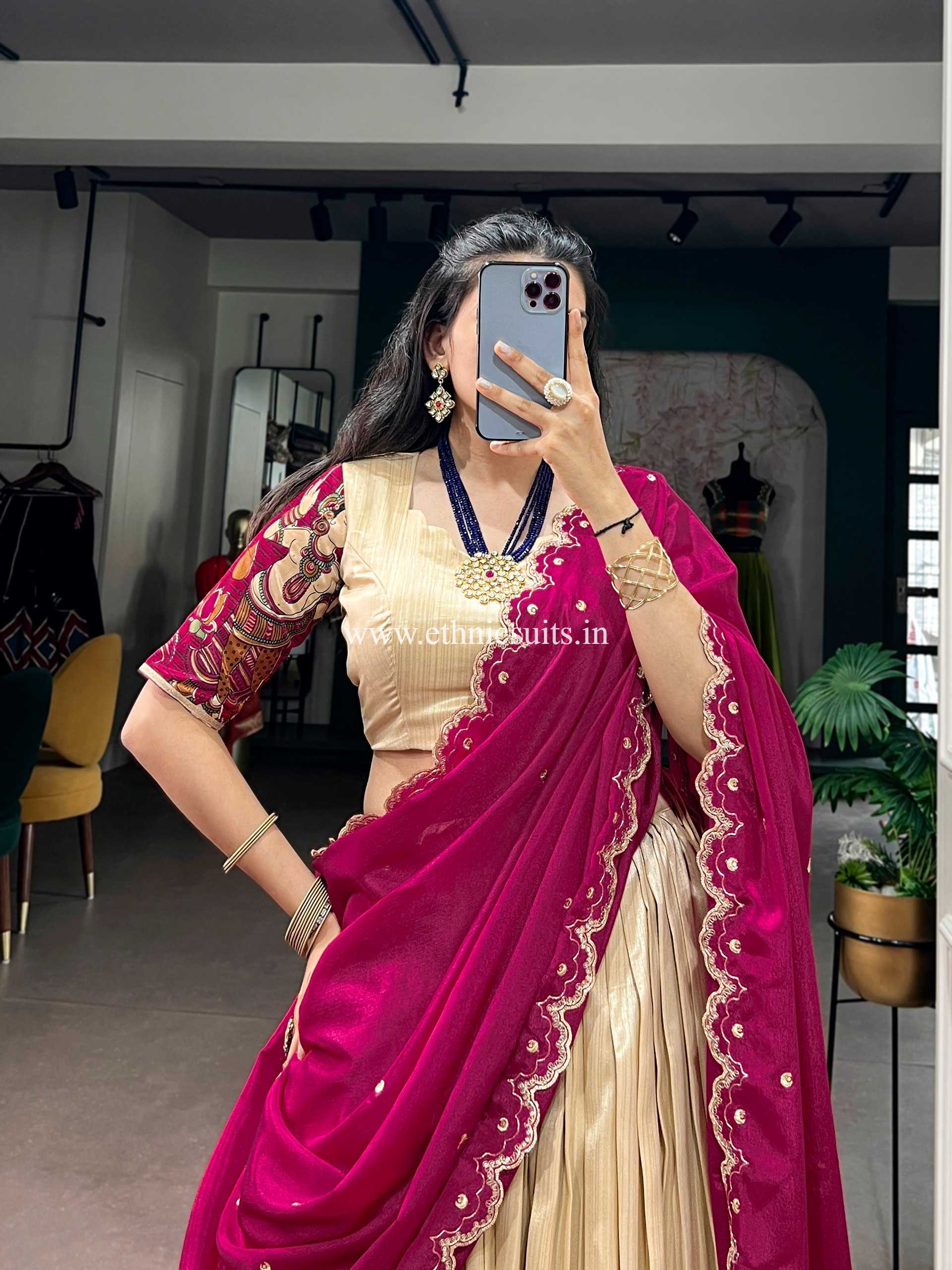 Cream Color Kalamkari Printed Lehenga Blouse