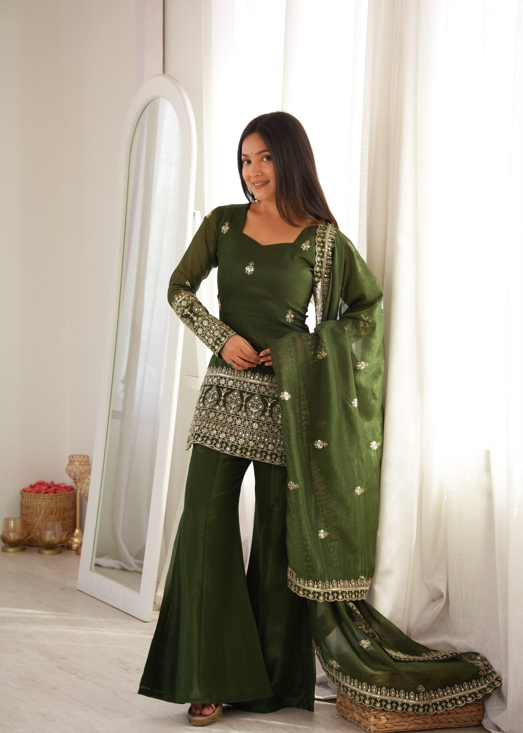Embellished Green Bell Bottom Salwar Suit