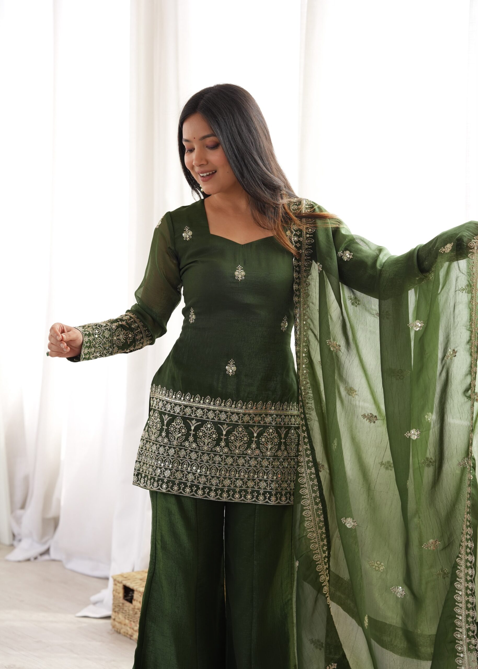 Embellished Green Bell Bottom Salwar Suit