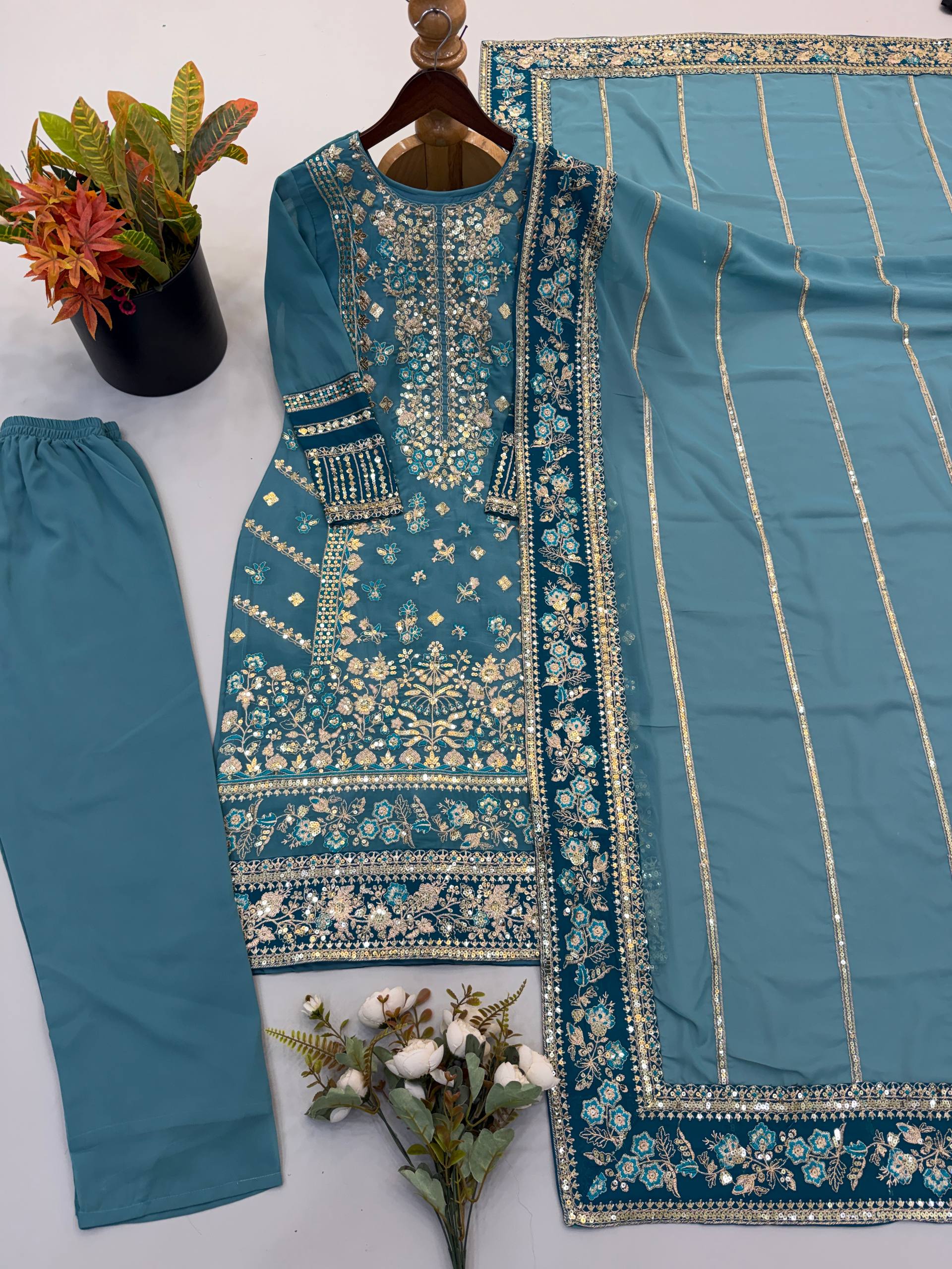 Pastel Blue Readymade Pakistani Straight Suit