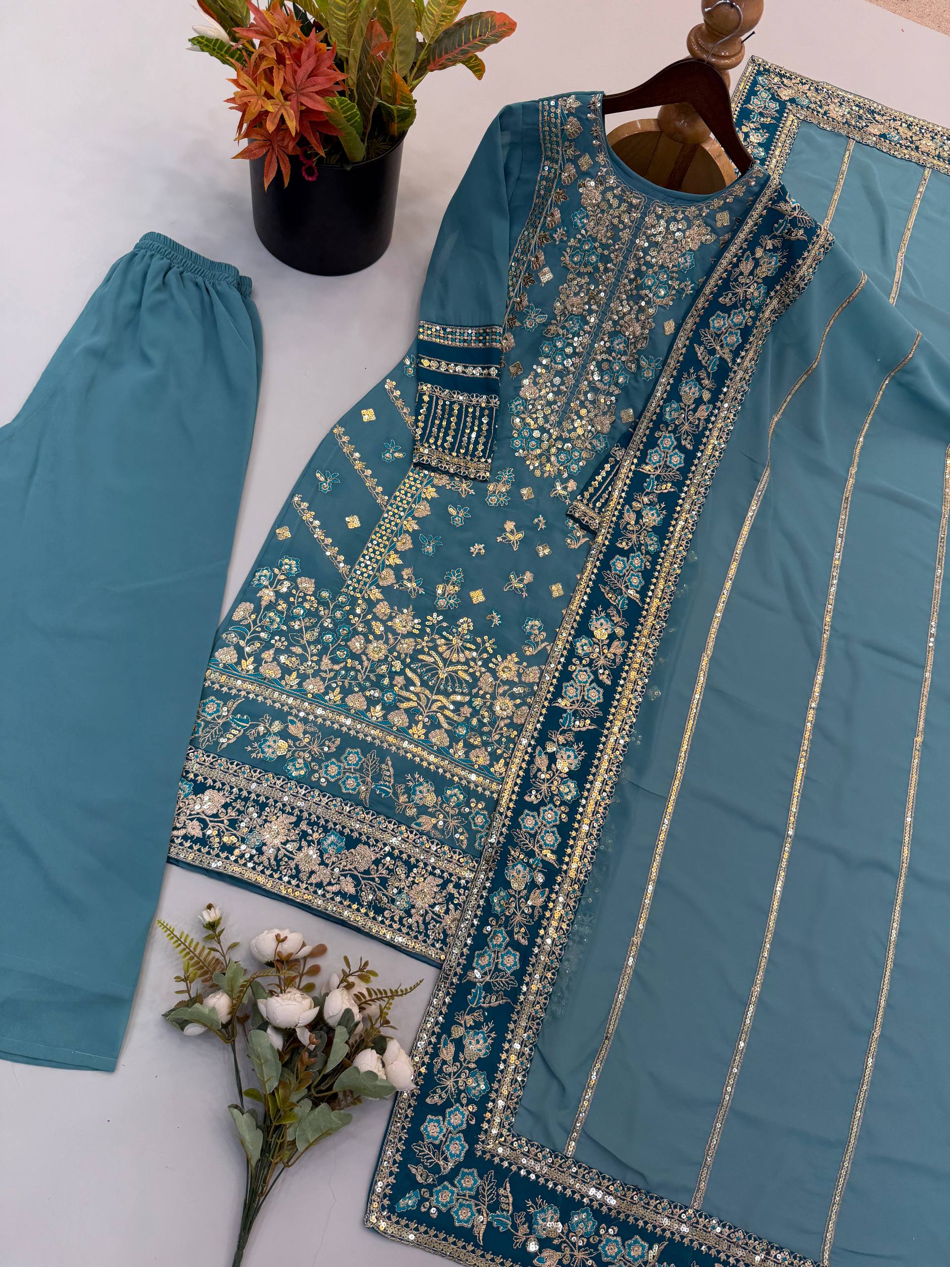 Pastel Blue Readymade Pakistani Straight Suit