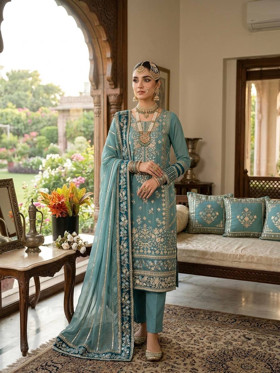 Pastel Blue Readymade Pakistani Straight Suit