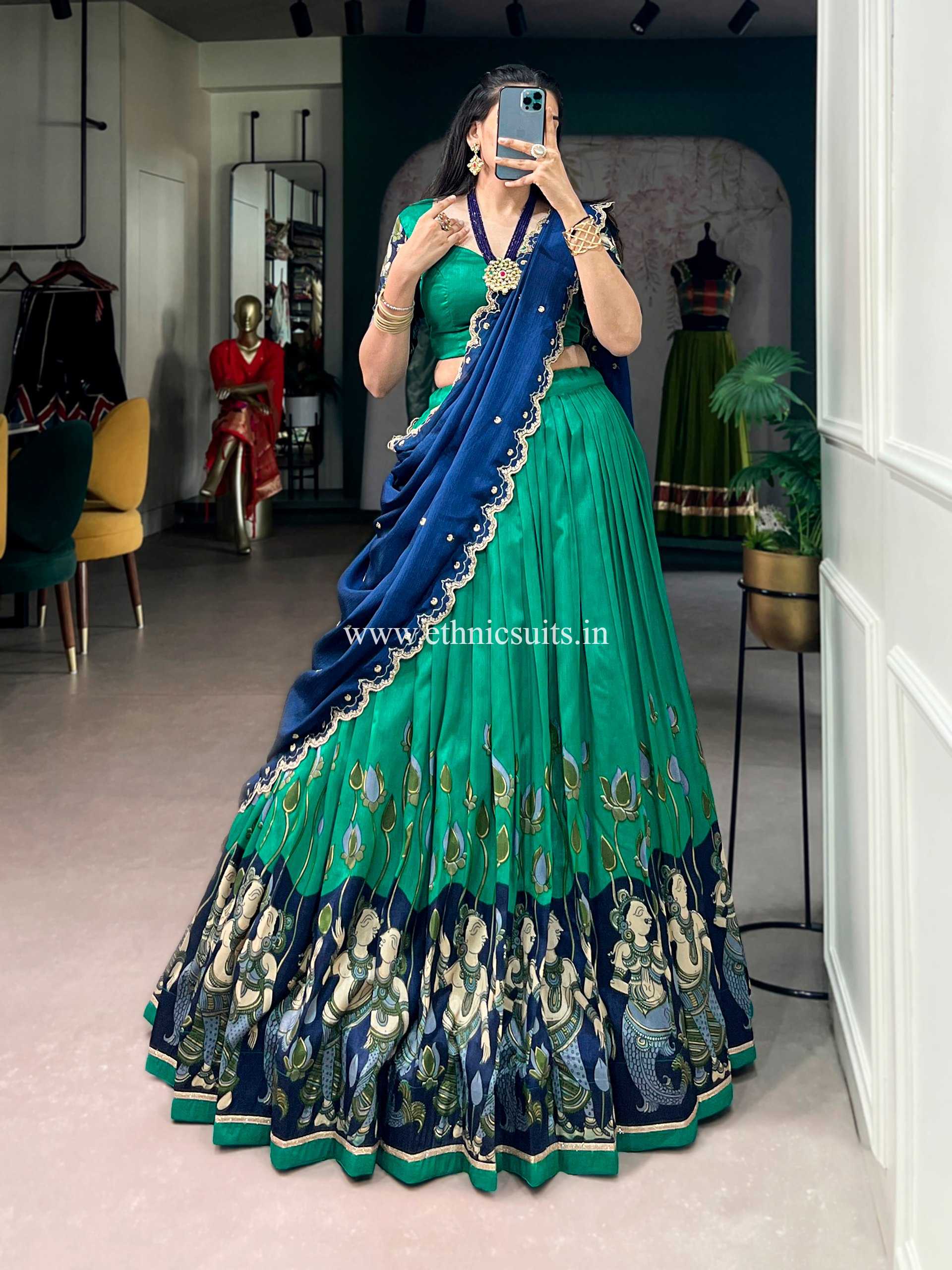 Green Color Kalamkari Printed Lehenga Blouse