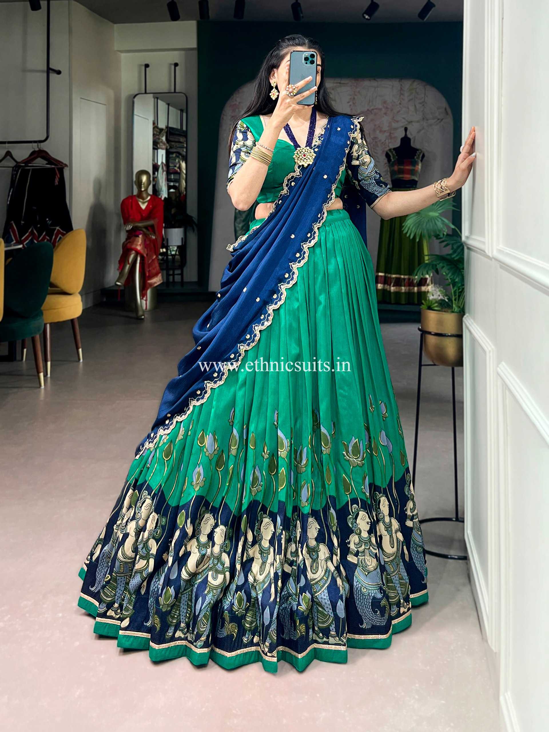Green Color Kalamkari Printed Lehenga Blouse