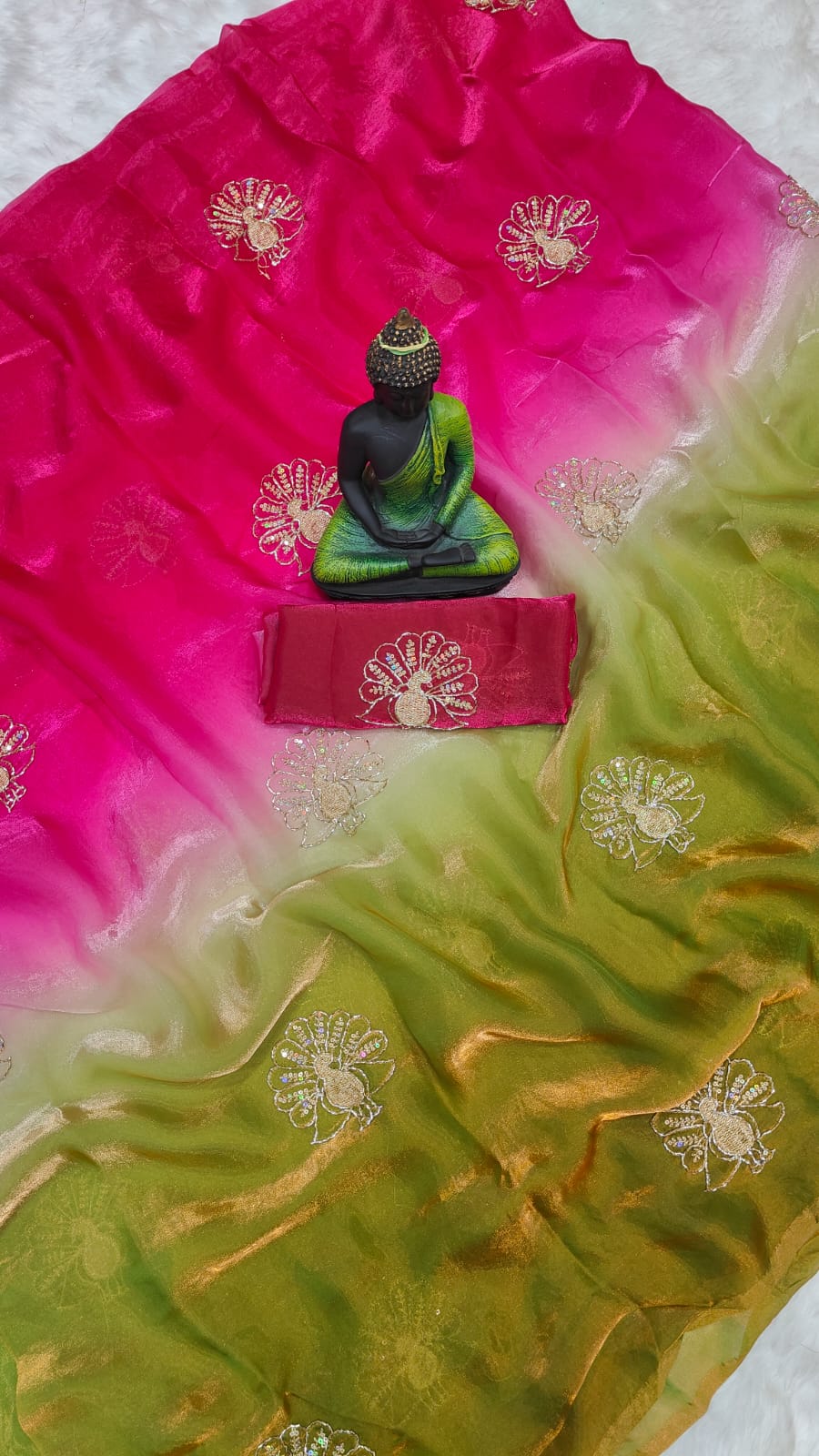 Green and Pink Color Fendi Silk Handwork Saree