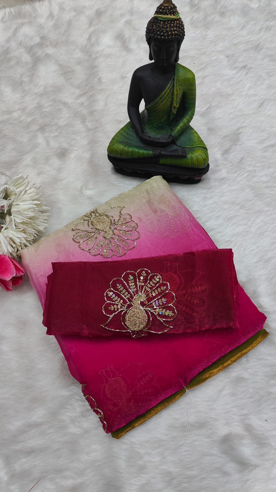 Green and Pink Color Fendi Silk Handwork Saree