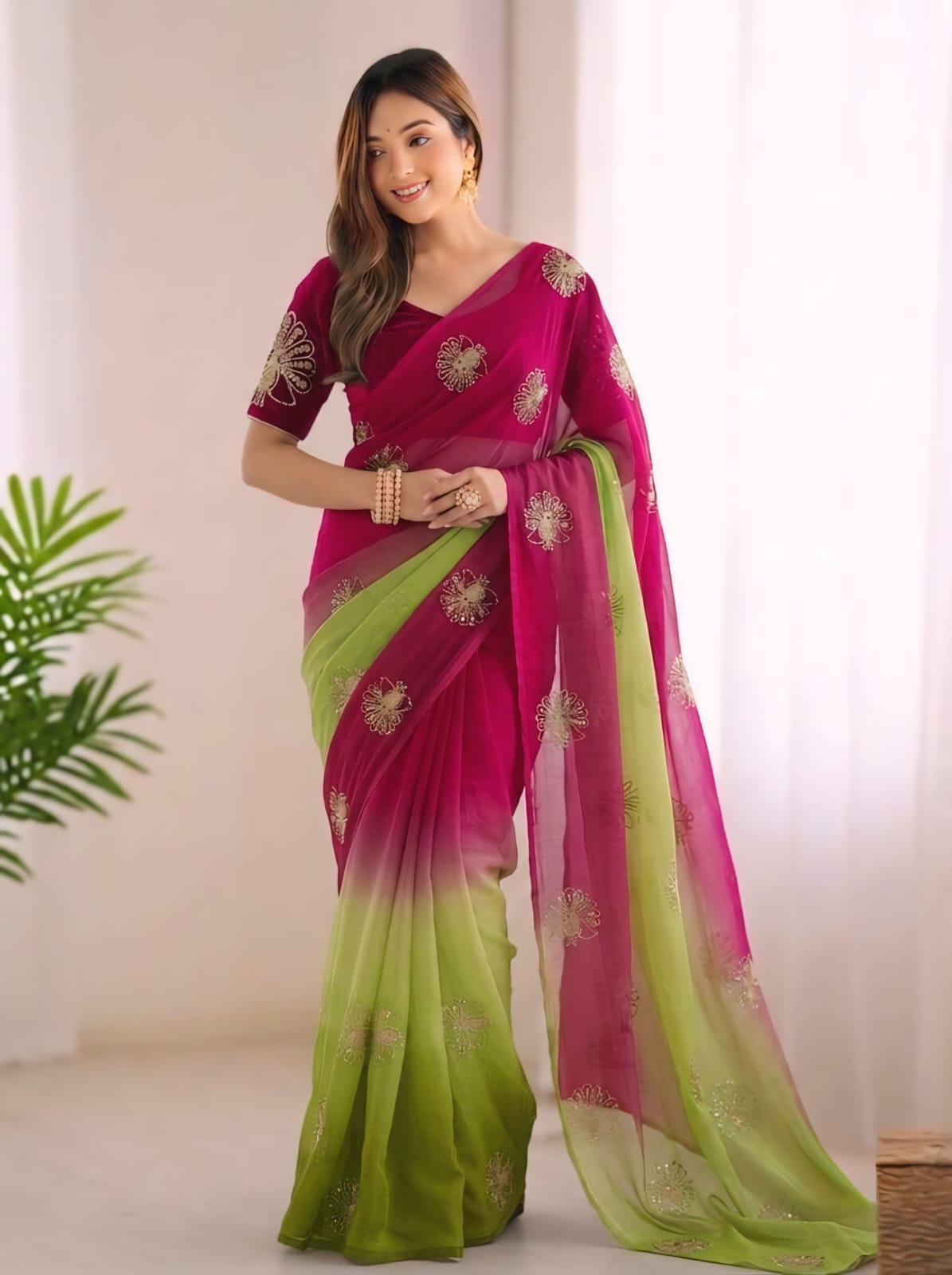 Green and Pink Color Fendi Silk Handwork Saree