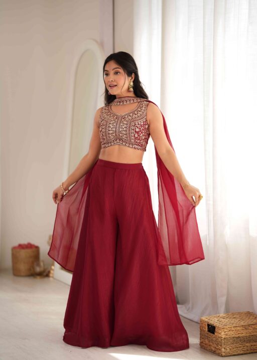 Maroon Indo Western Blouse with Plazzo Set