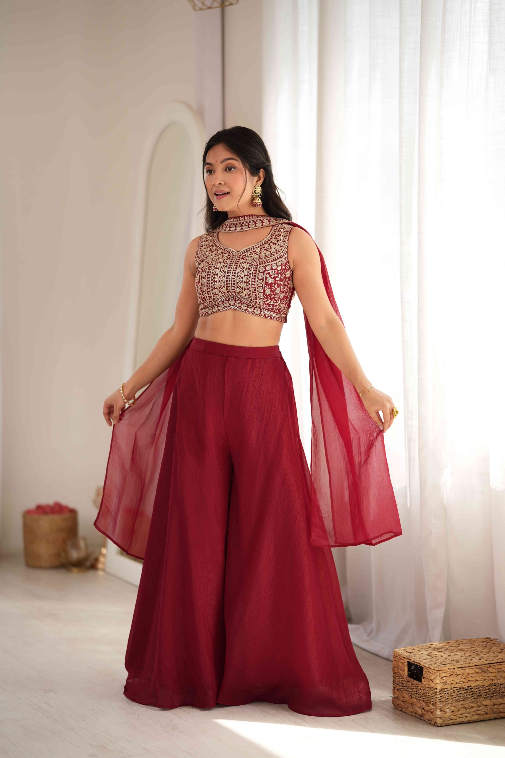 Maroon Indo Western Blouse with Plazzo Set