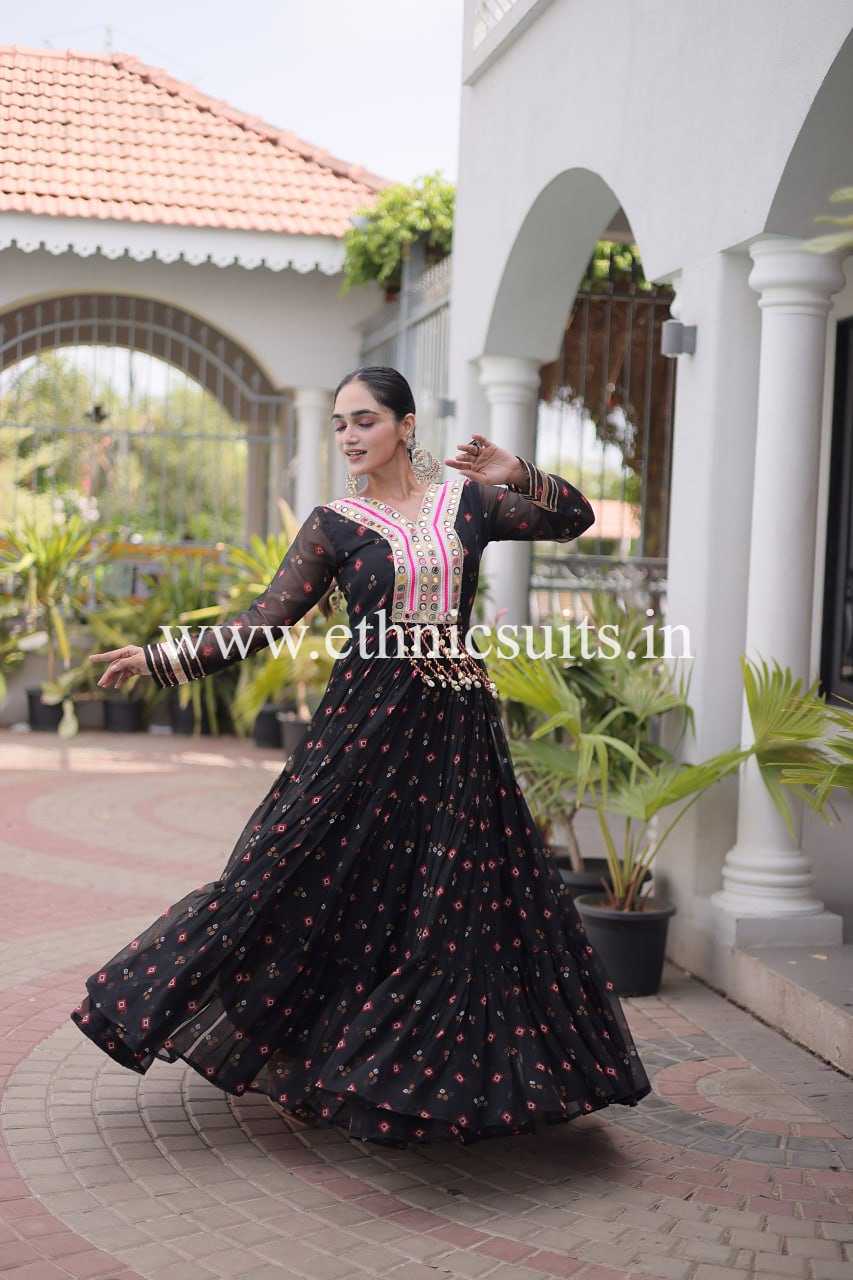 Laheriya Printed Kutch work Gown Black Color