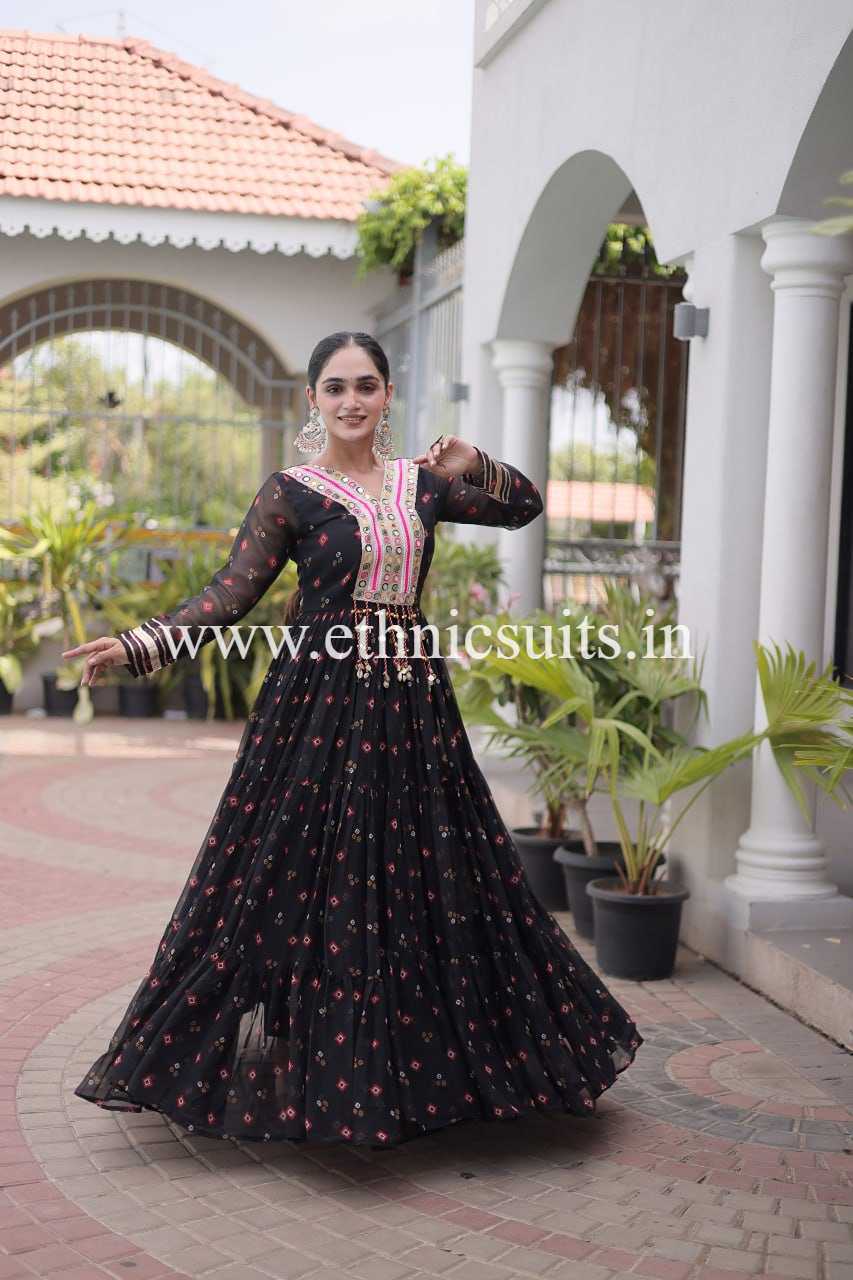 Laheriya Printed Kutch work Gown Black Color