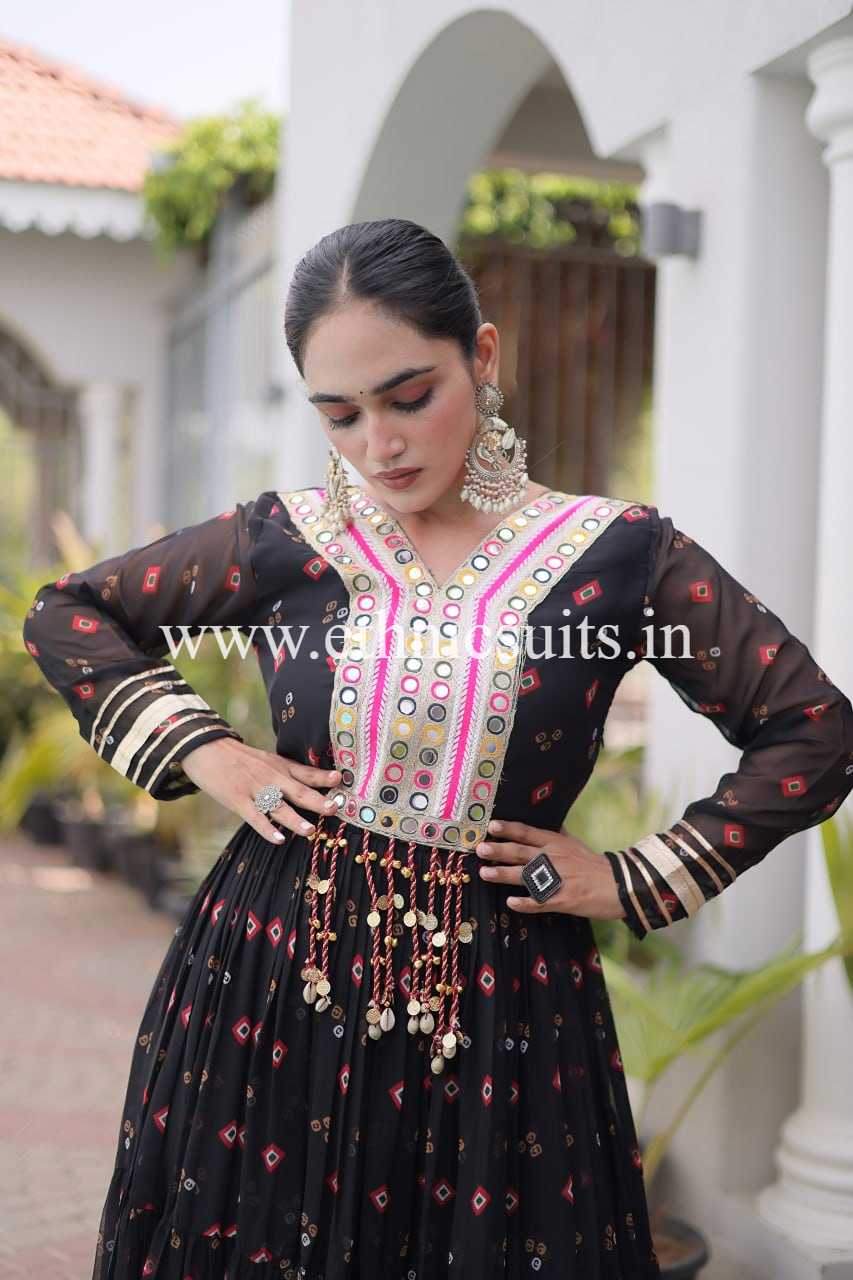 Laheriya Printed Kutch work Gown Black Color