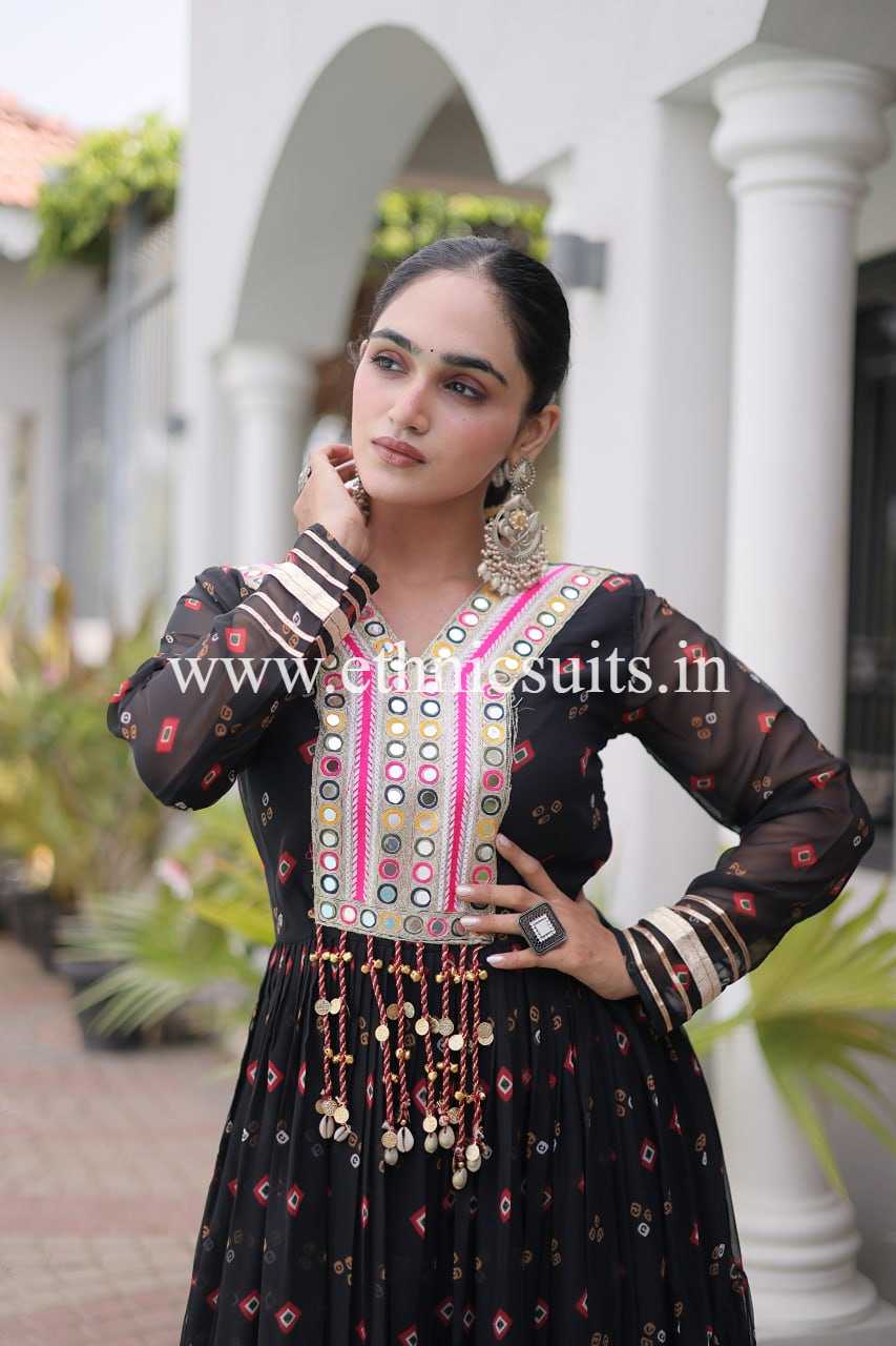Laheriya Printed Kutch work Gown Black Color