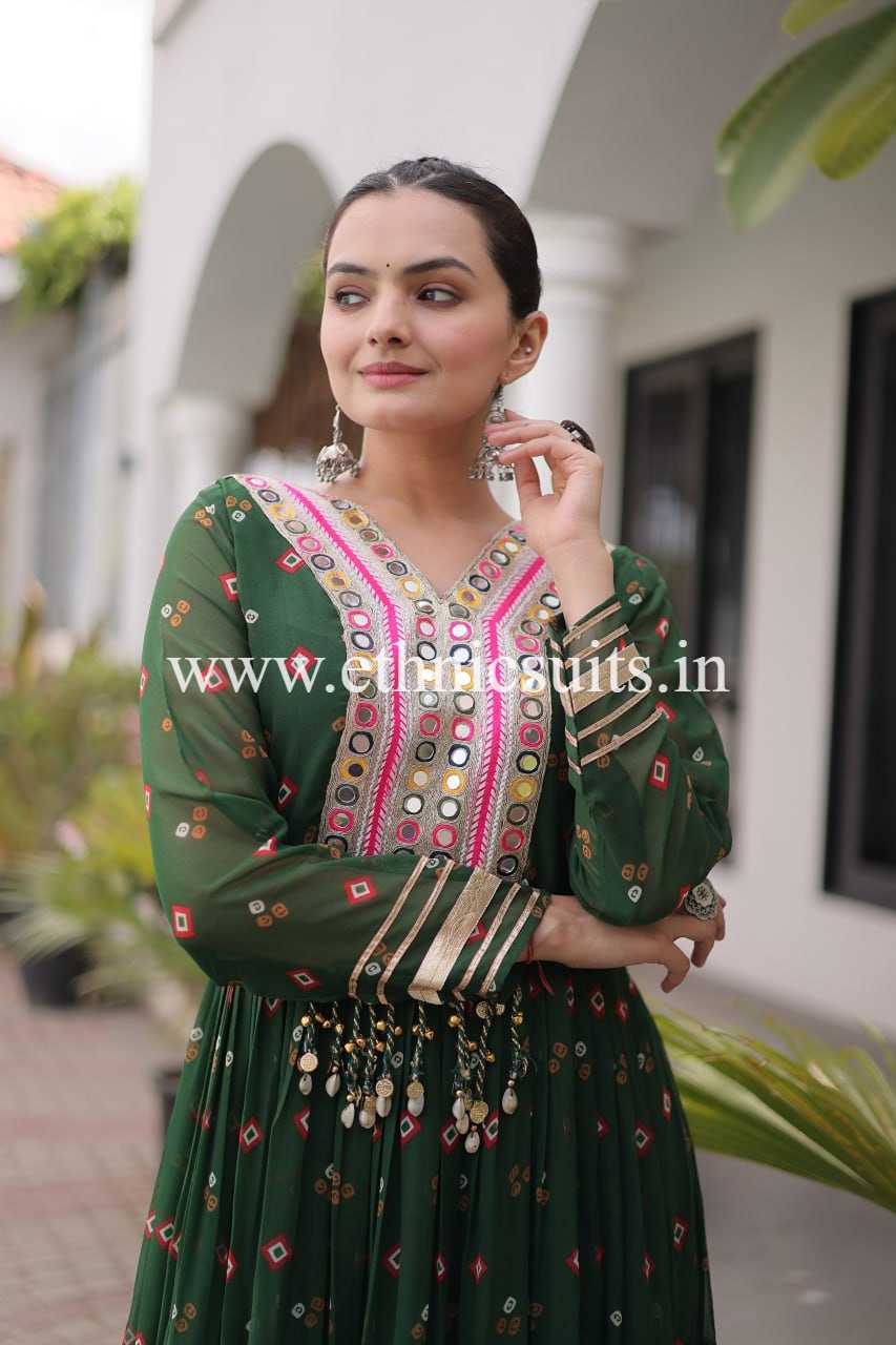 Laheriya Printed Kutch work Gown Green Color