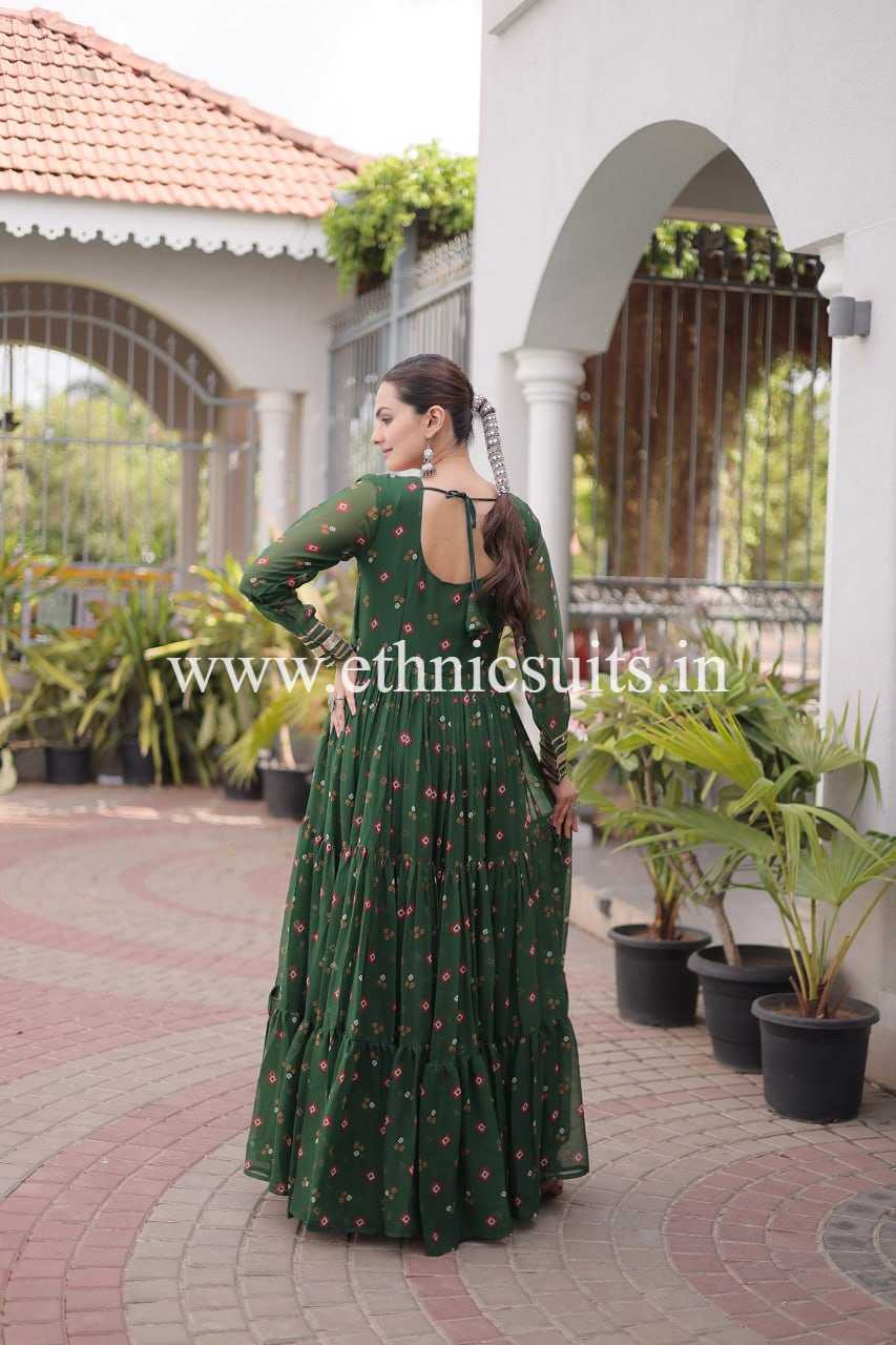 Laheriya Printed Kutch work Gown Green Color