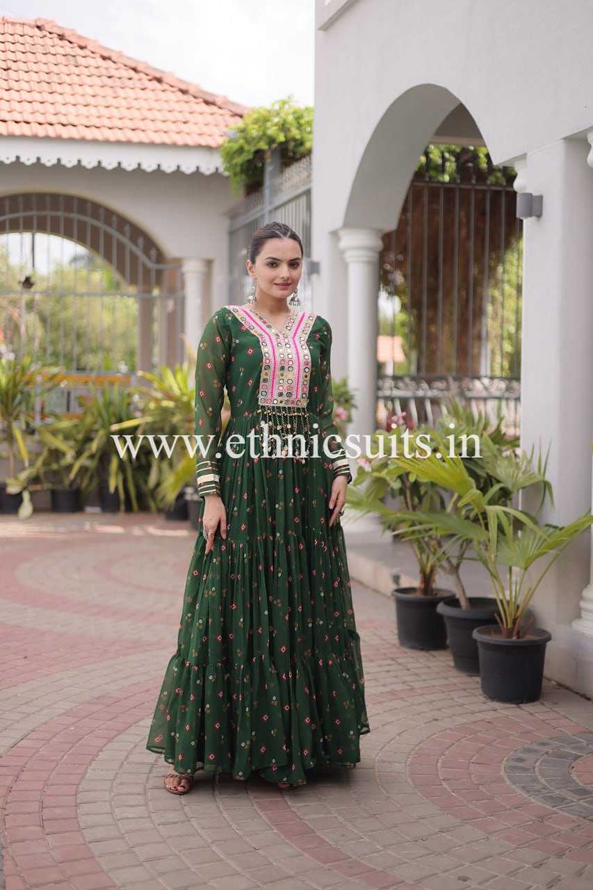 Laheriya Printed Kutch work Gown Green Color