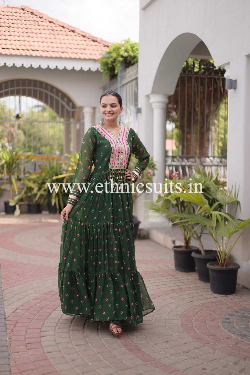 Laheriya Printed Kutch work Gown Green Color