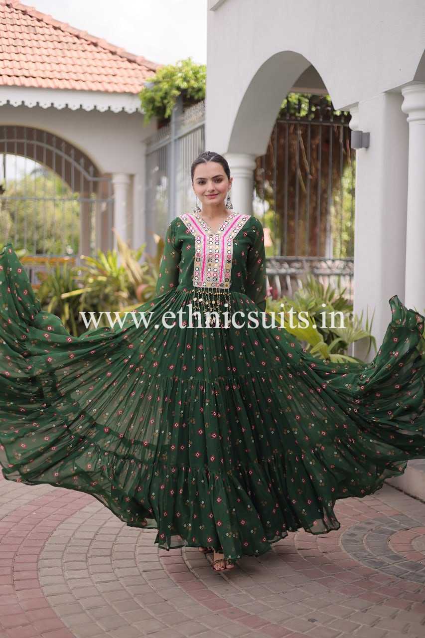 Laheriya Printed Kutch work Gown Green Color