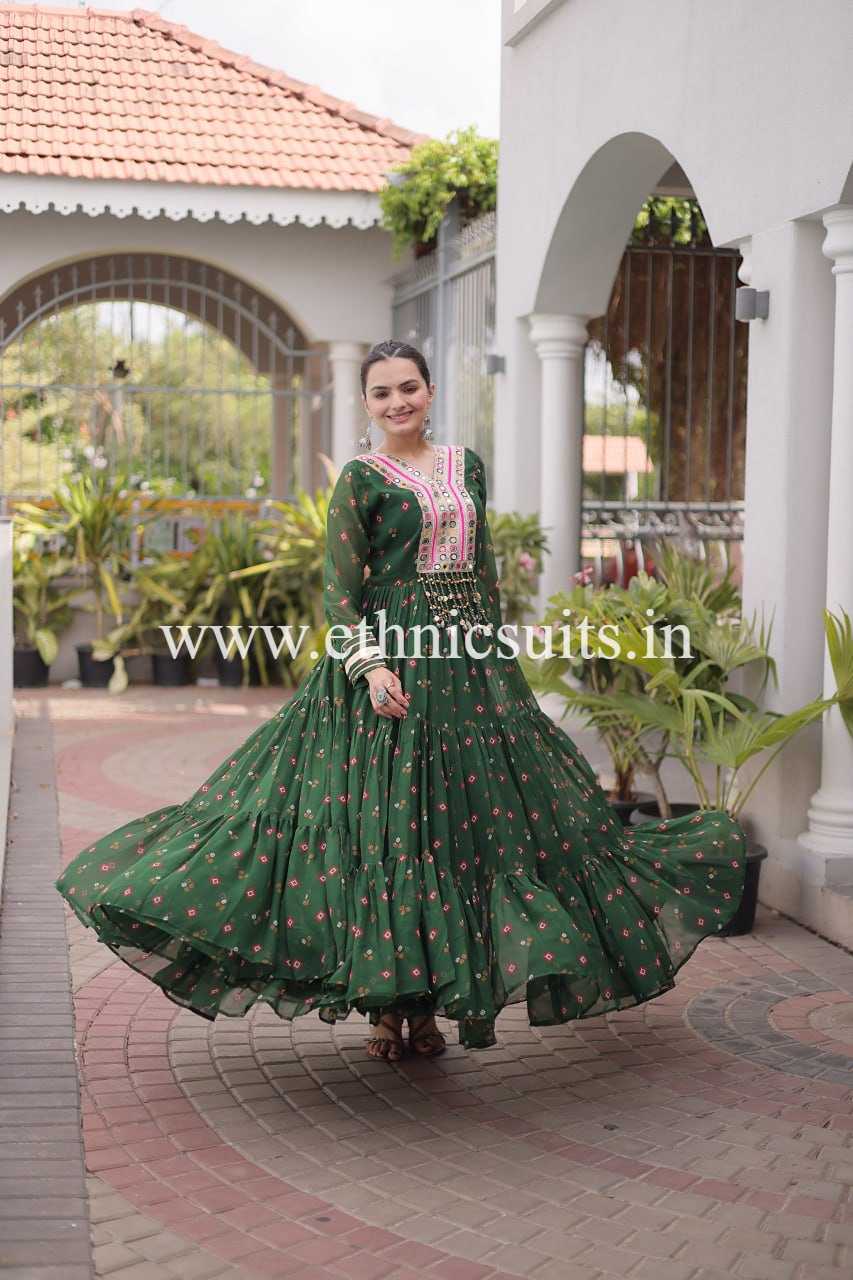 Laheriya Printed Kutch work Gown Green Color
