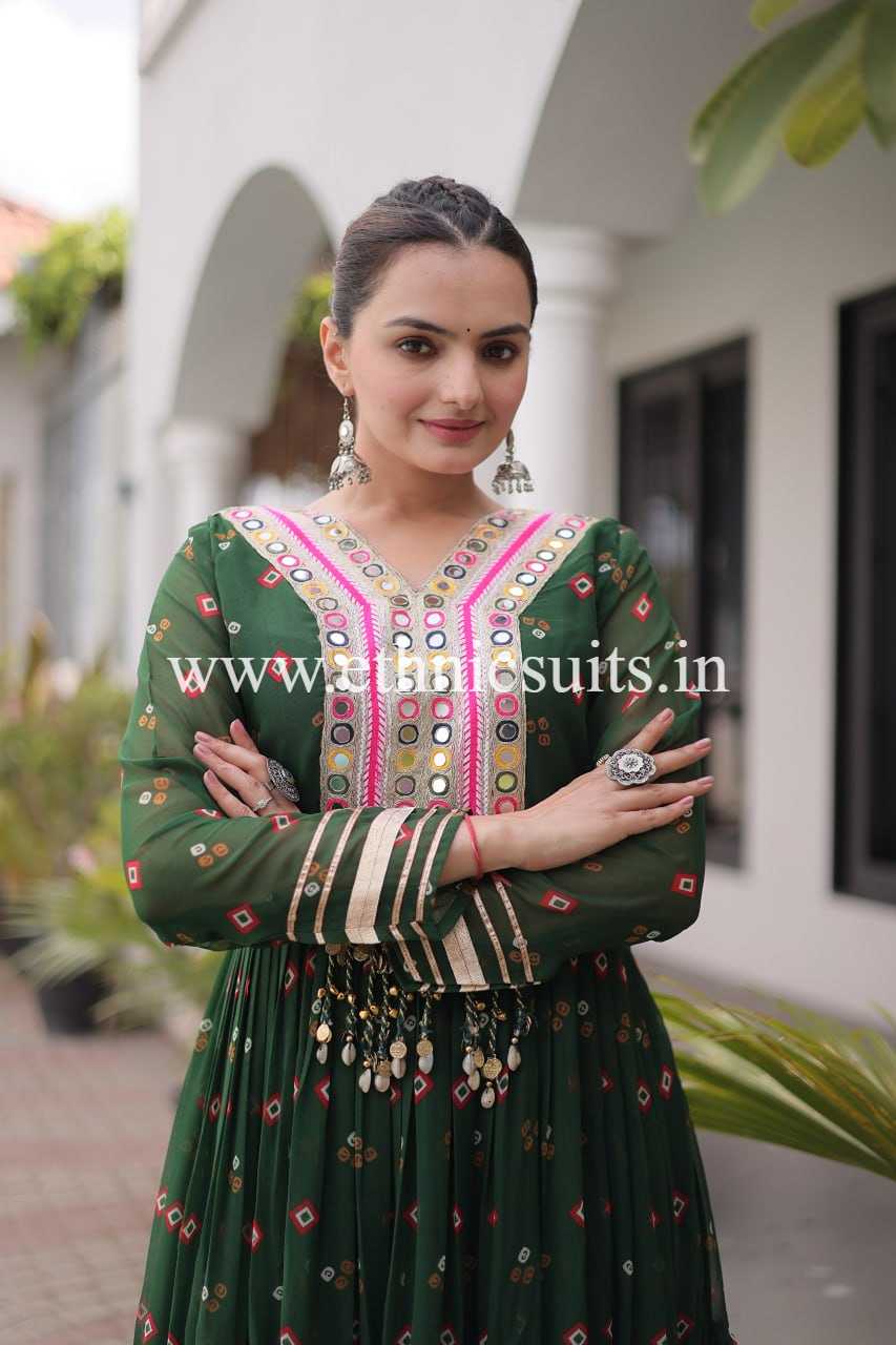 Laheriya Printed Kutch work Gown Green Color