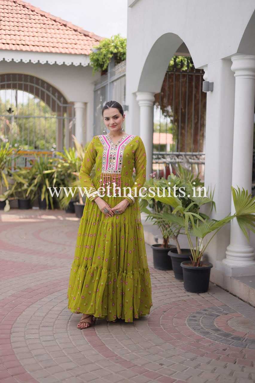 Laheriya Printed Kutch work Gown Mint Green Color