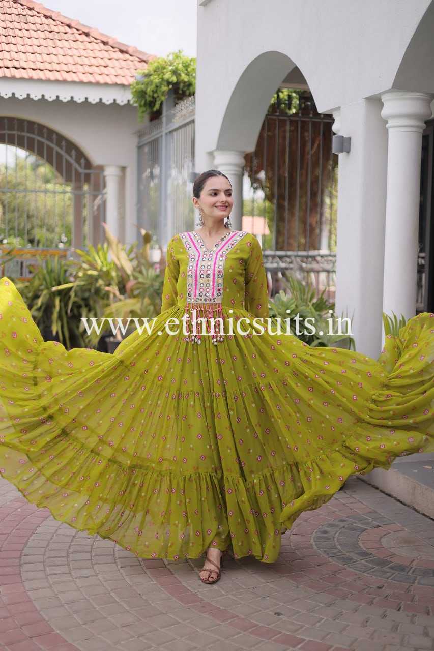 Laheriya Printed Kutch work Gown Mint Green Color