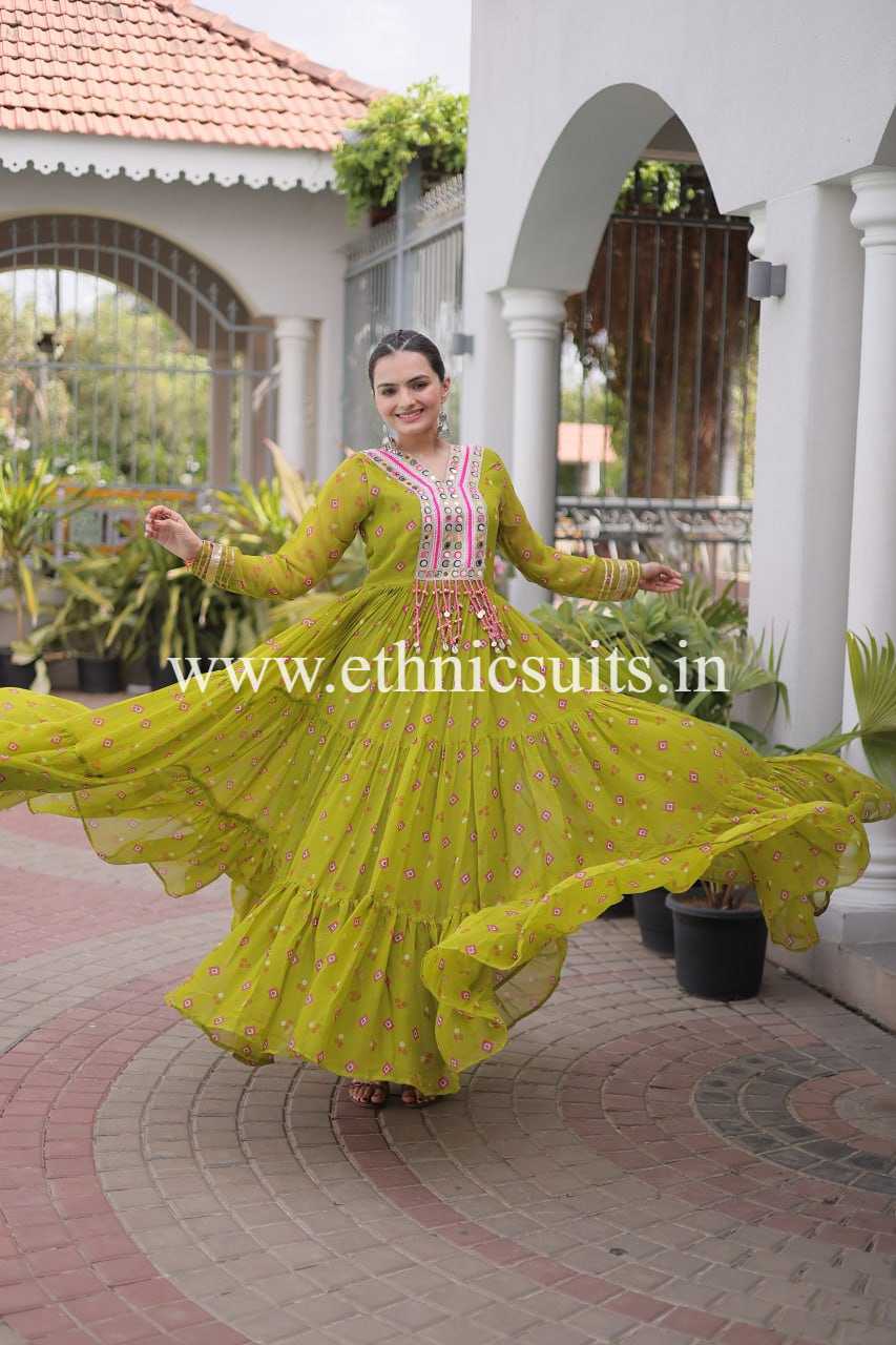 Laheriya Printed Kutch work Gown Mint Green Color