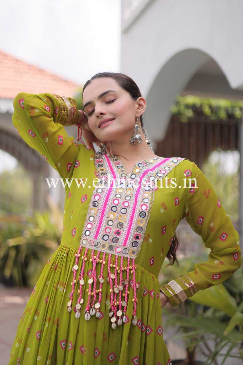 Laheriya Printed Kutch work Gown Mint Green Color