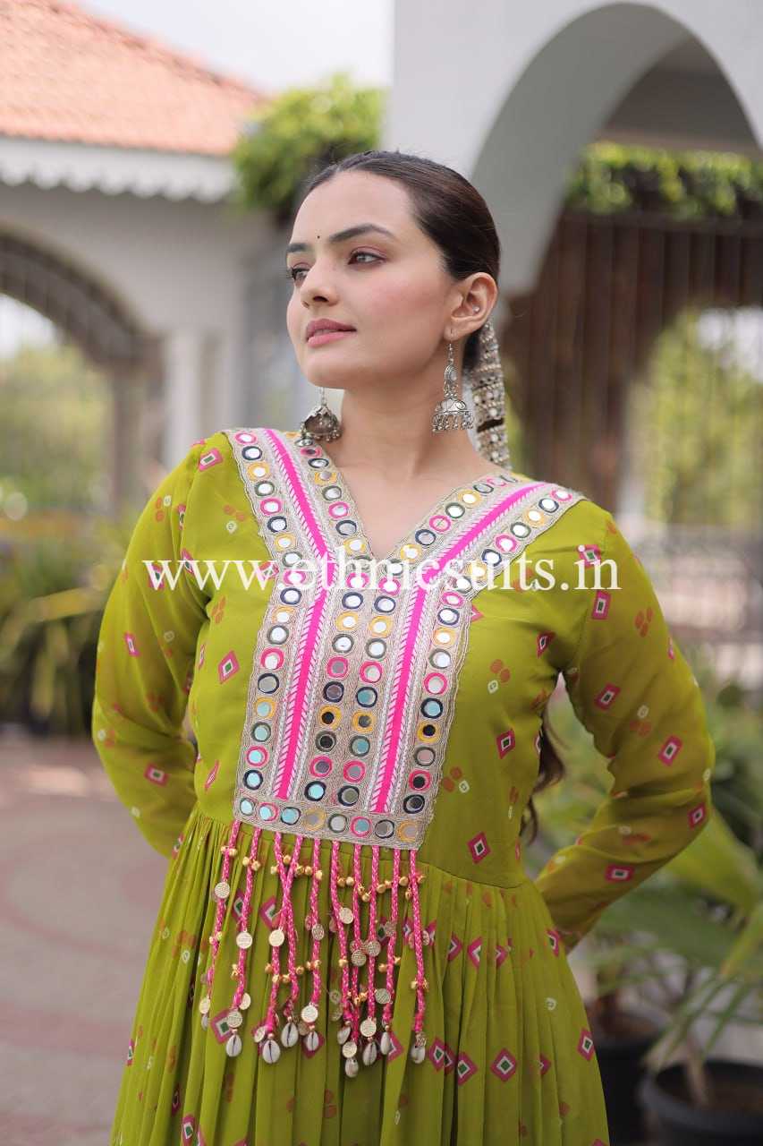 Laheriya Printed Kutch work Gown Mint Green Color