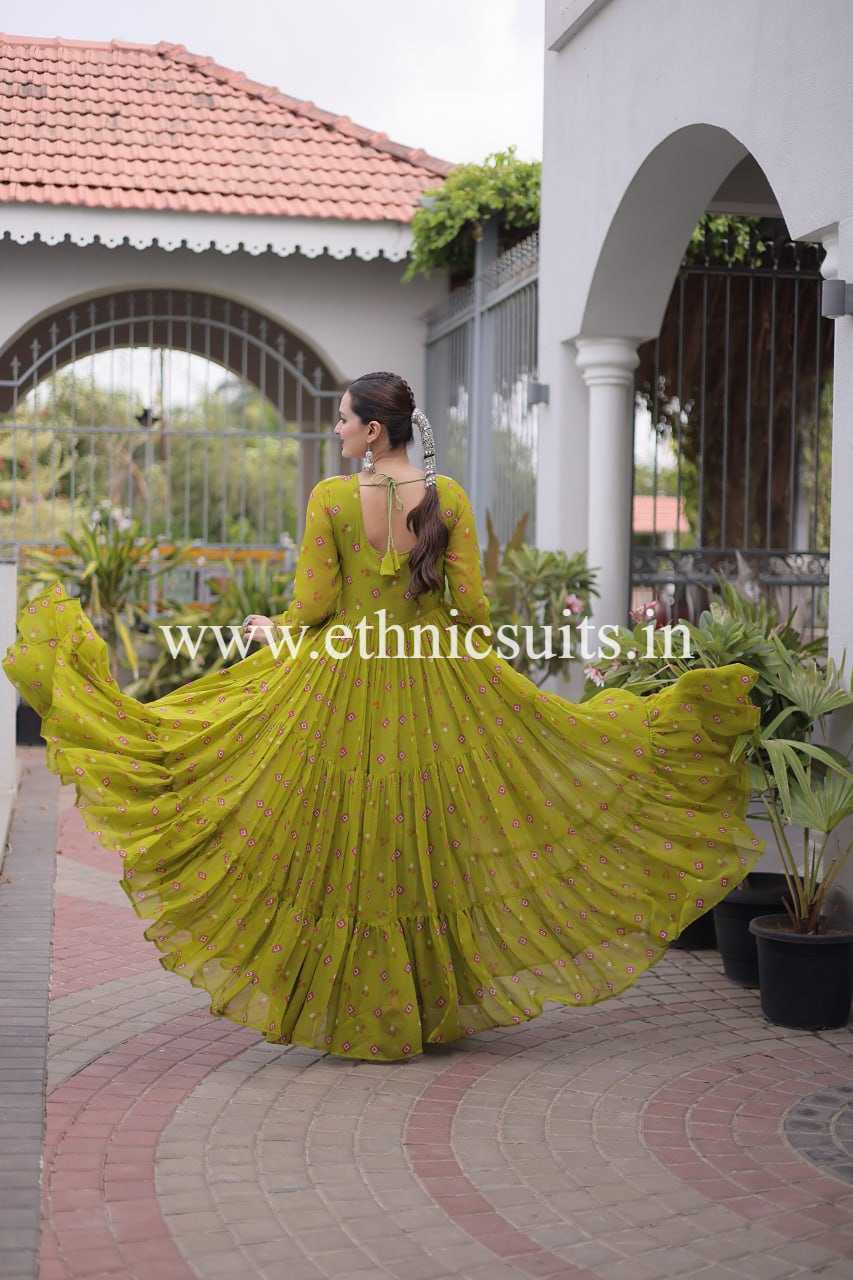 Laheriya Printed Kutch work Gown Mint Green Color
