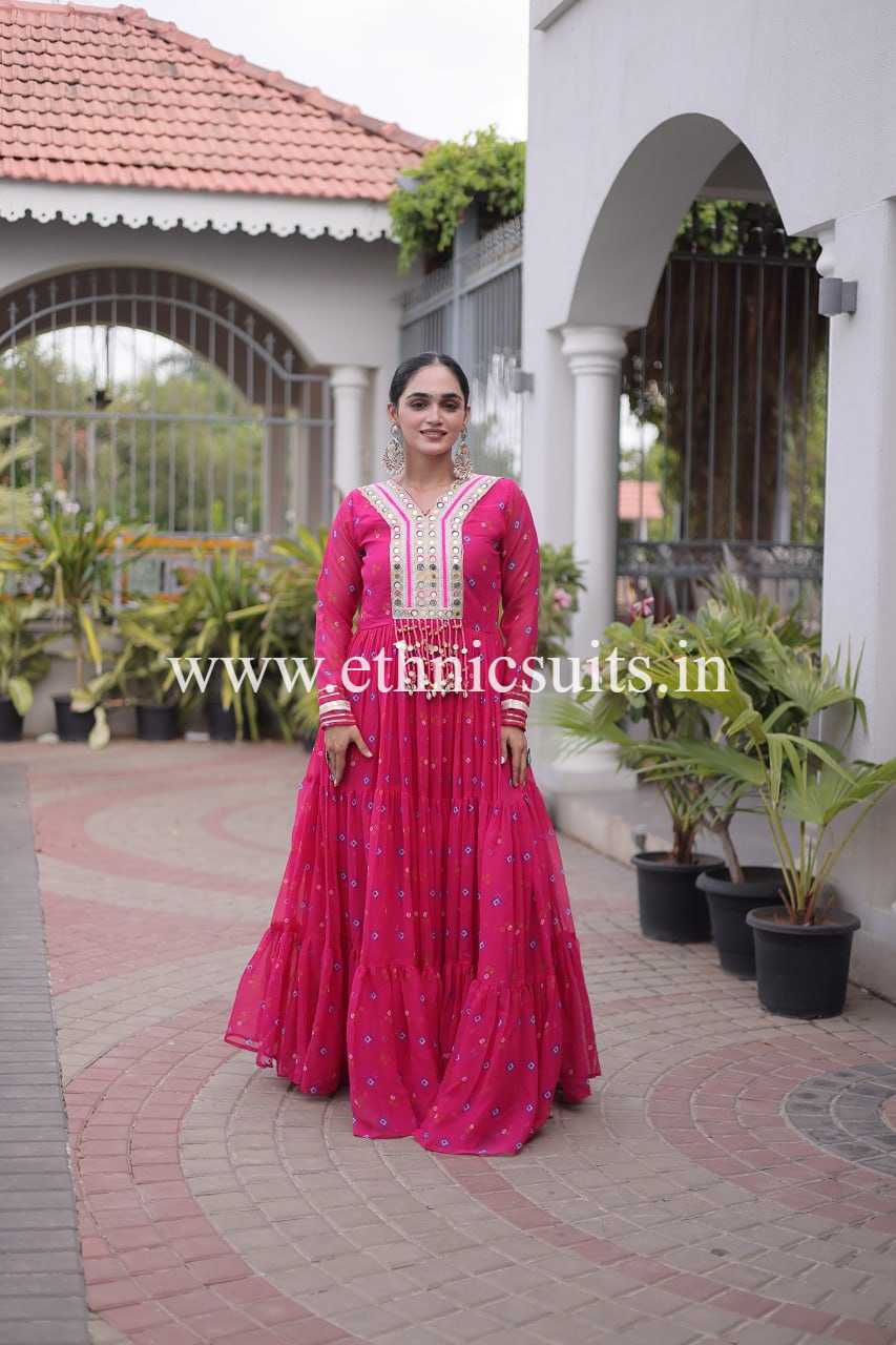 Laheriya Printed Kutch work Gown Pink Color