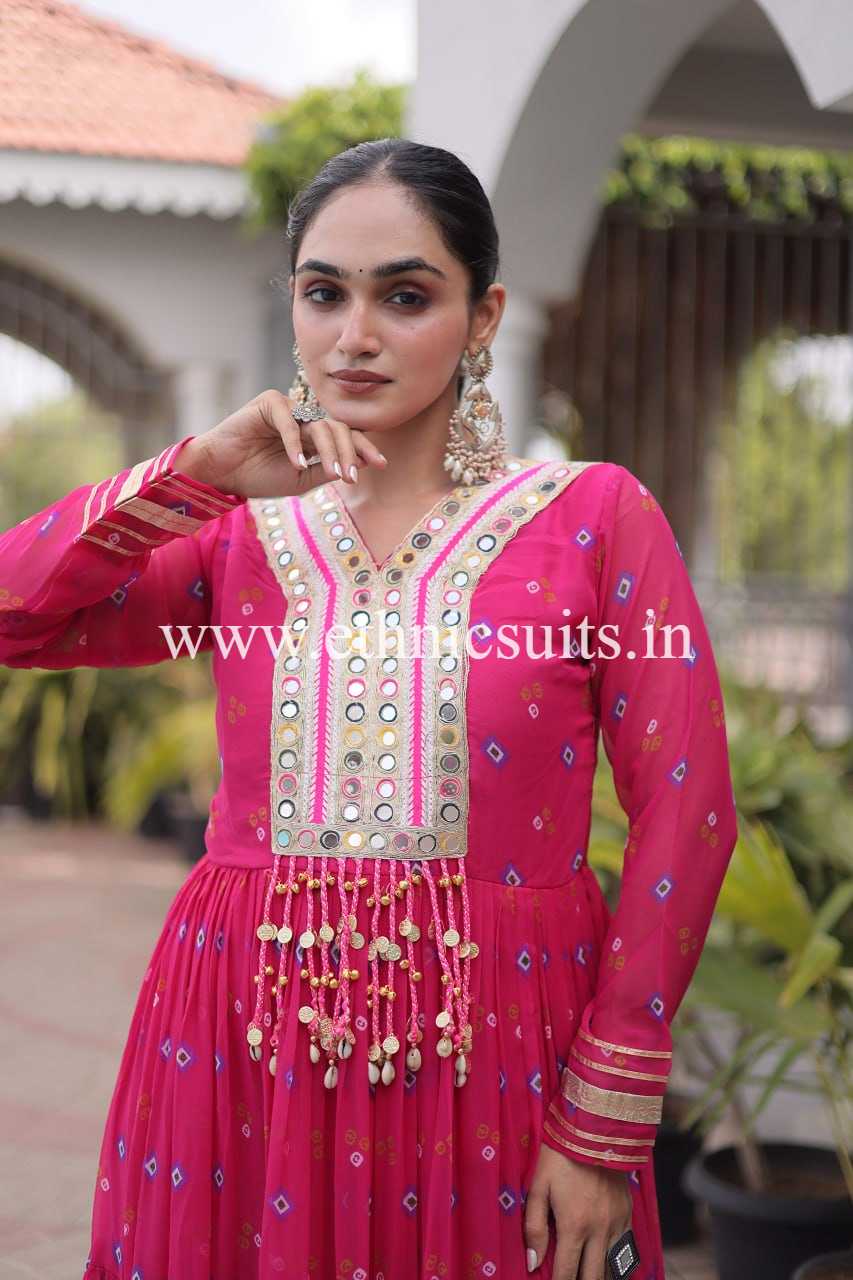 Laheriya Printed Kutch work Gown Pink Color