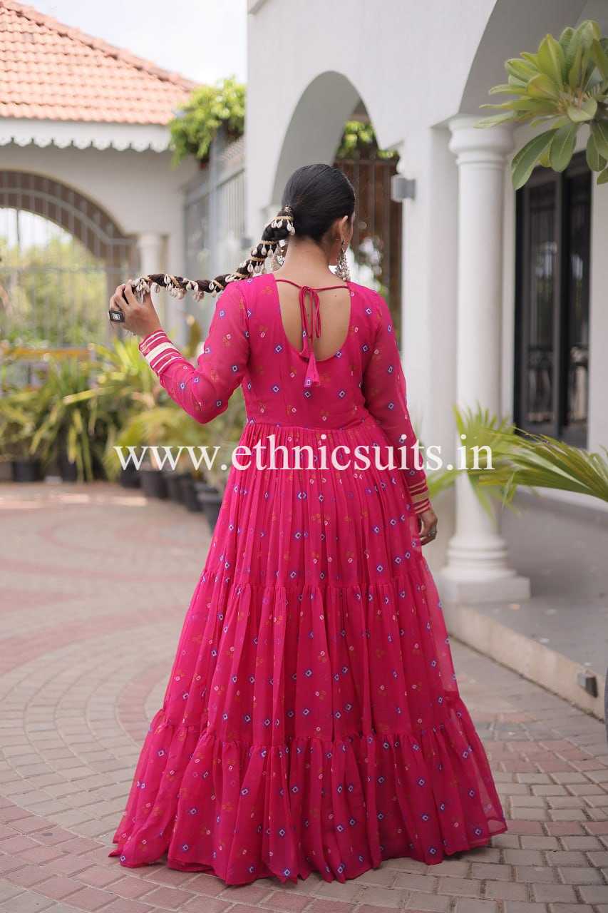 Laheriya Printed Kutch work Gown Pink Color