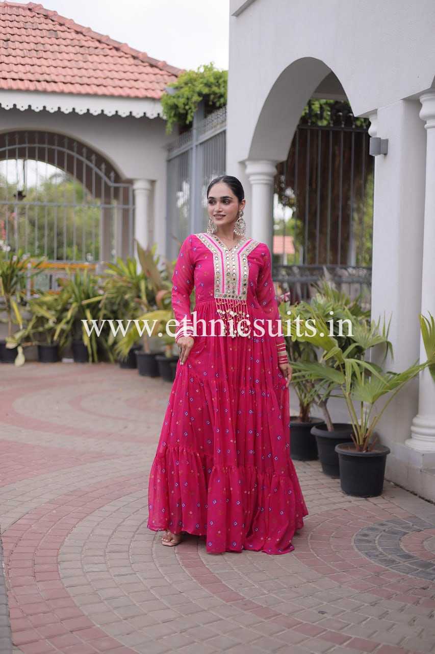 Laheriya Printed Kutch work Gown Pink Color