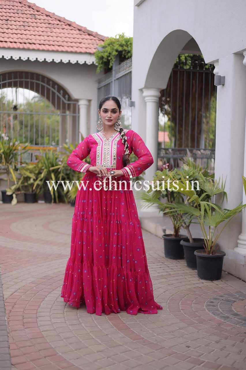 Laheriya Printed Kutch work Gown Pink Color