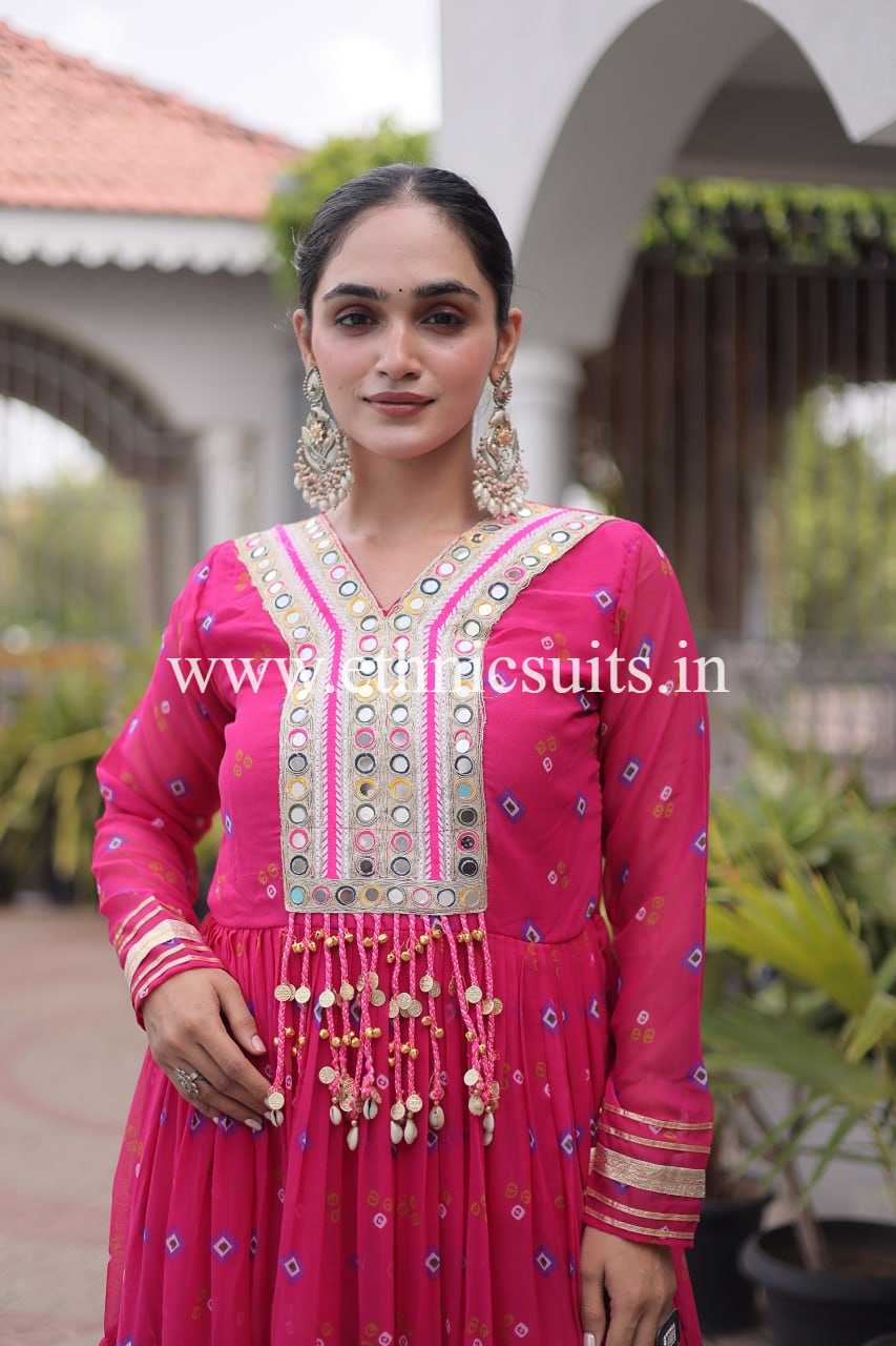Laheriya Printed Kutch work Gown Pink Color