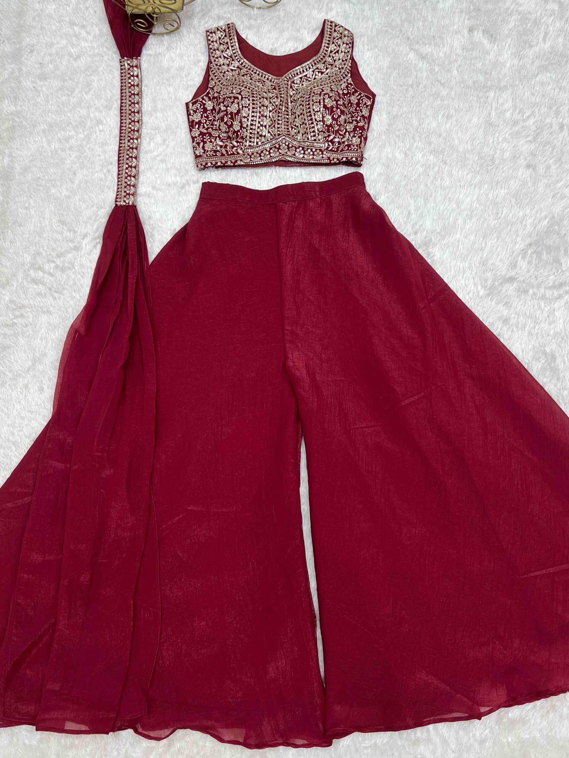Maroon Indo Western Blouse with Plazzo Set
