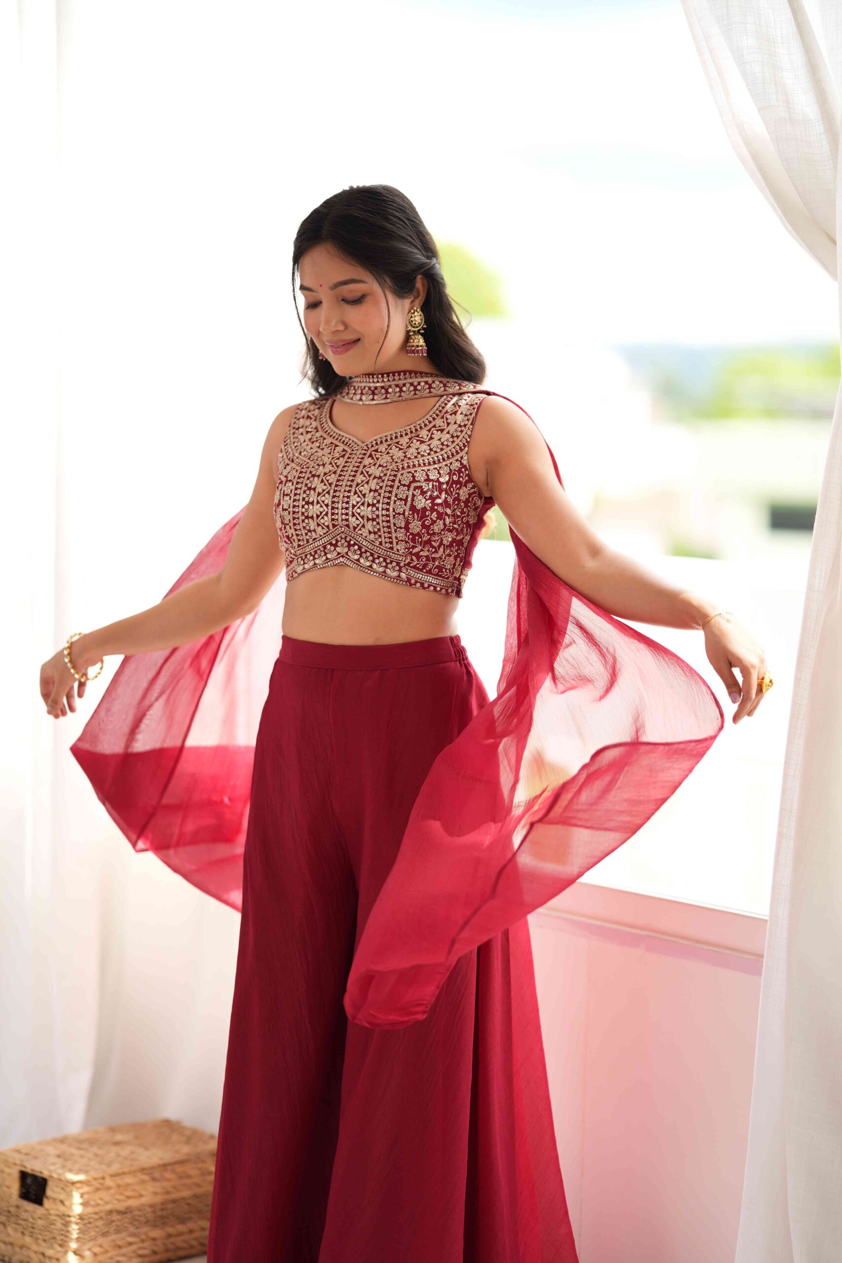 Maroon Indo Western Blouse with Plazzo Set