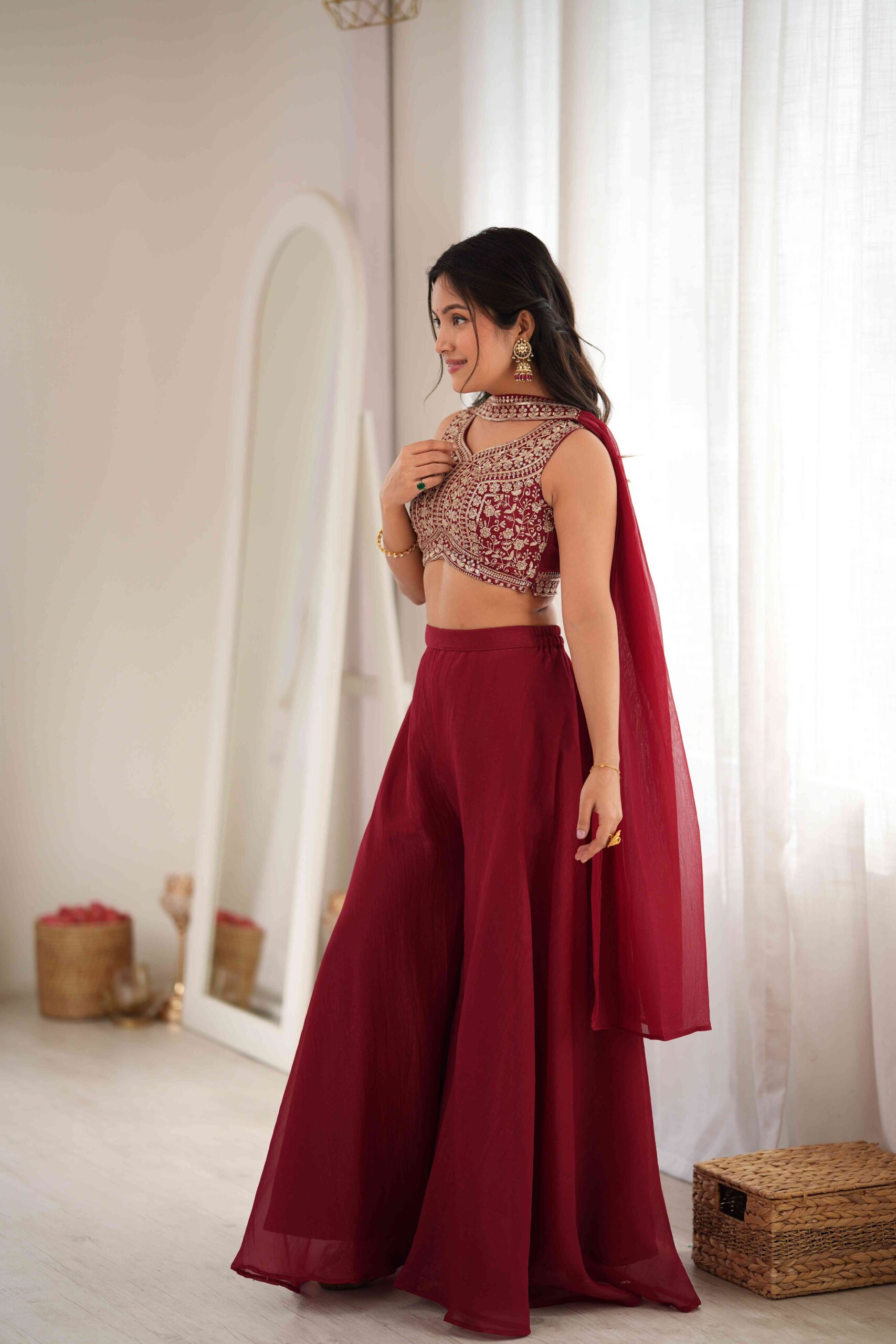 Maroon Indo Western Blouse with Plazzo Set