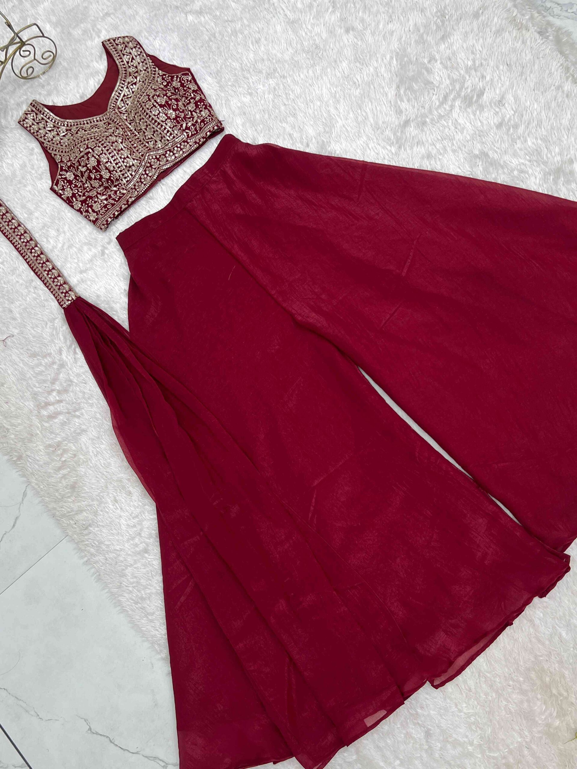 Maroon Indo Western Blouse with Plazzo Set