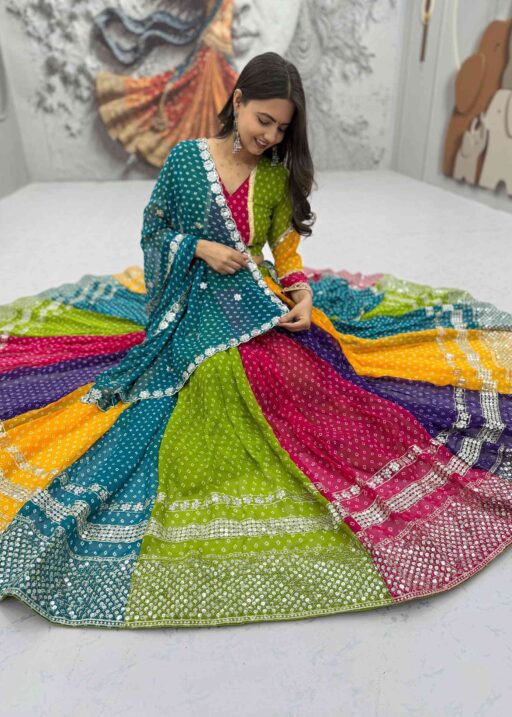 Multi Color Bandhni Printed Chaniya Choli with Sequence Embroidery