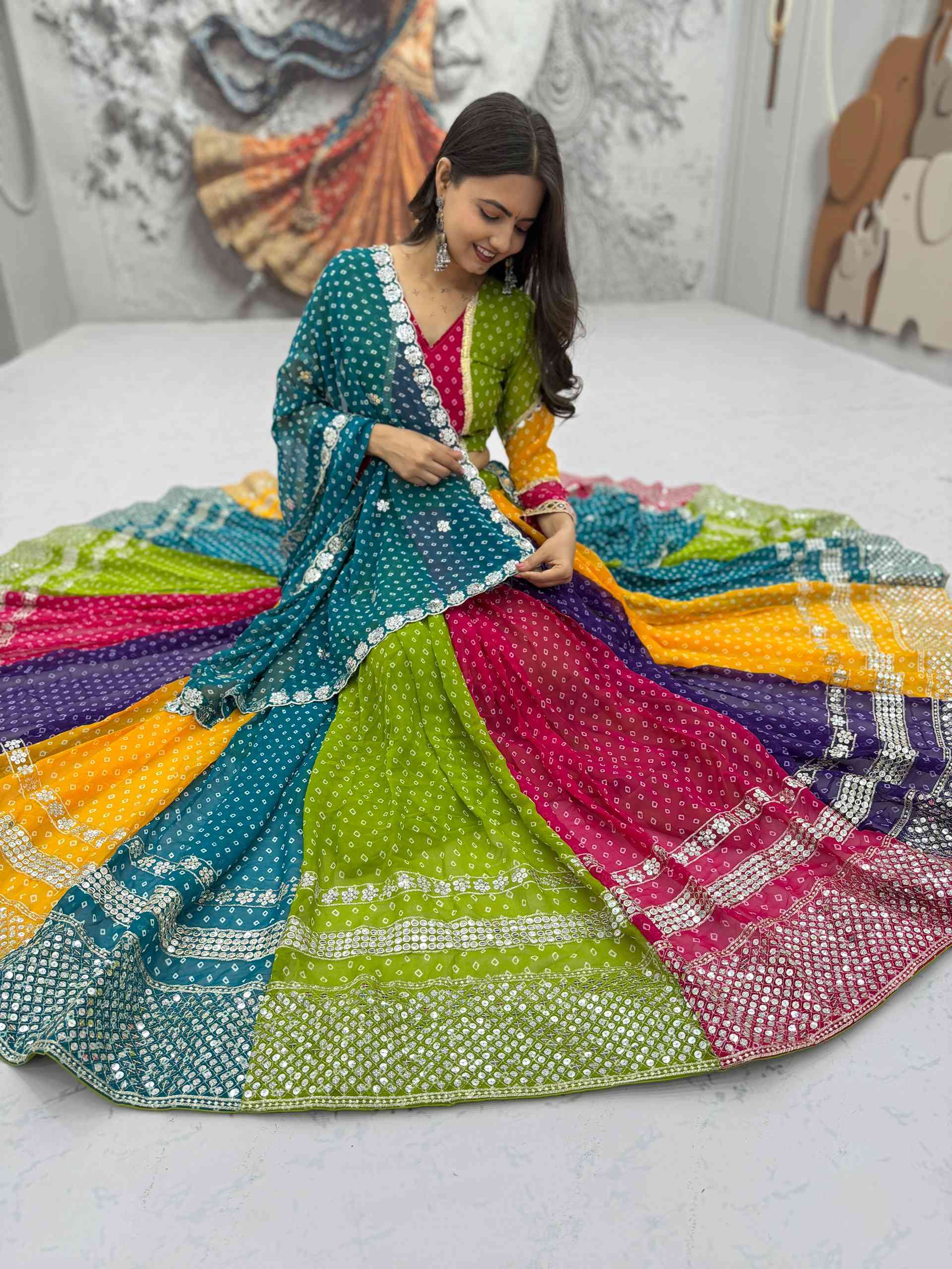 Multi Color Bandhni Printed Chaniya Choli with Sequence Embroidery
