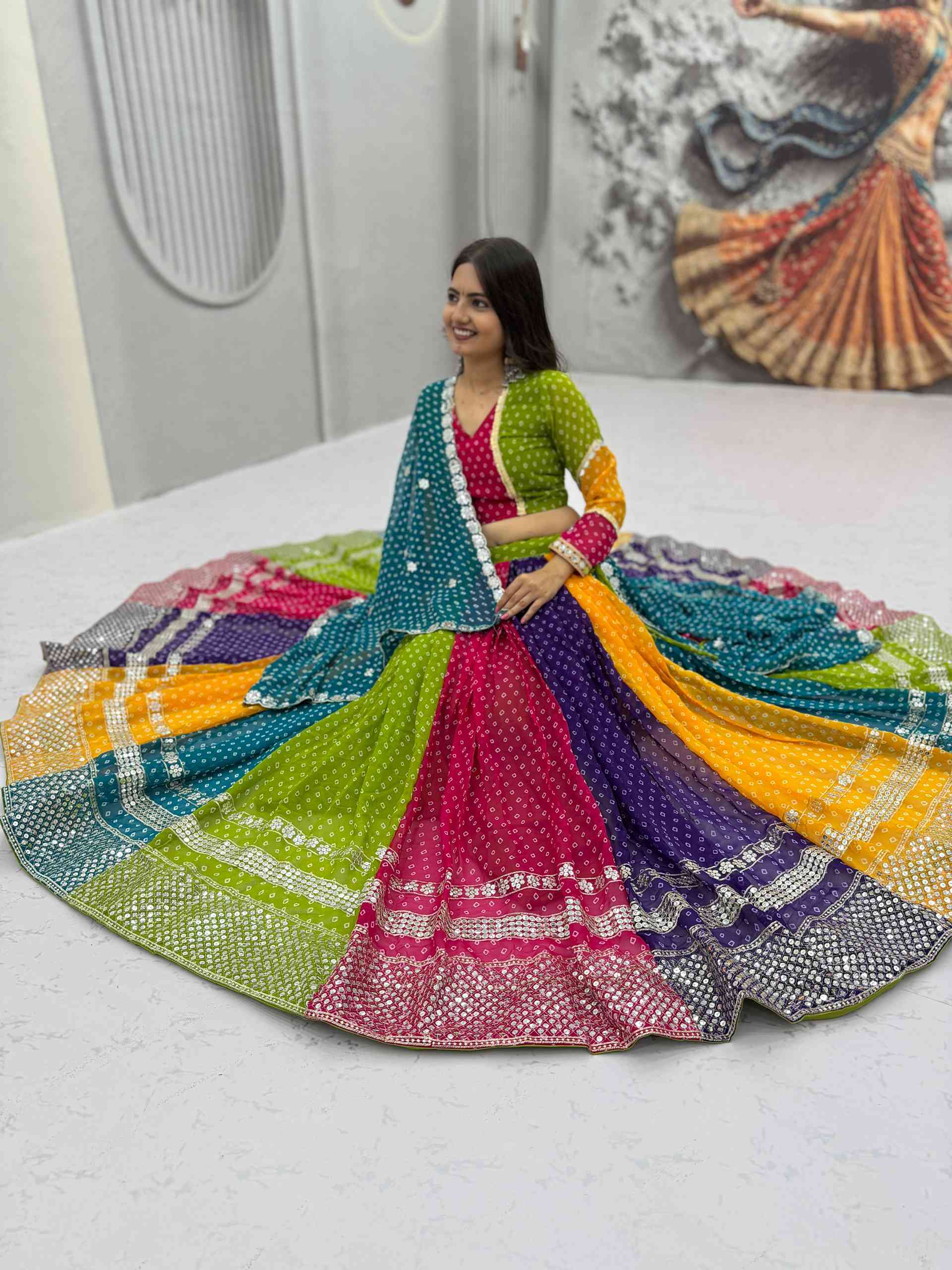 Multi Color Bandhni Printed Chaniya Choli with Sequence Embroidery
