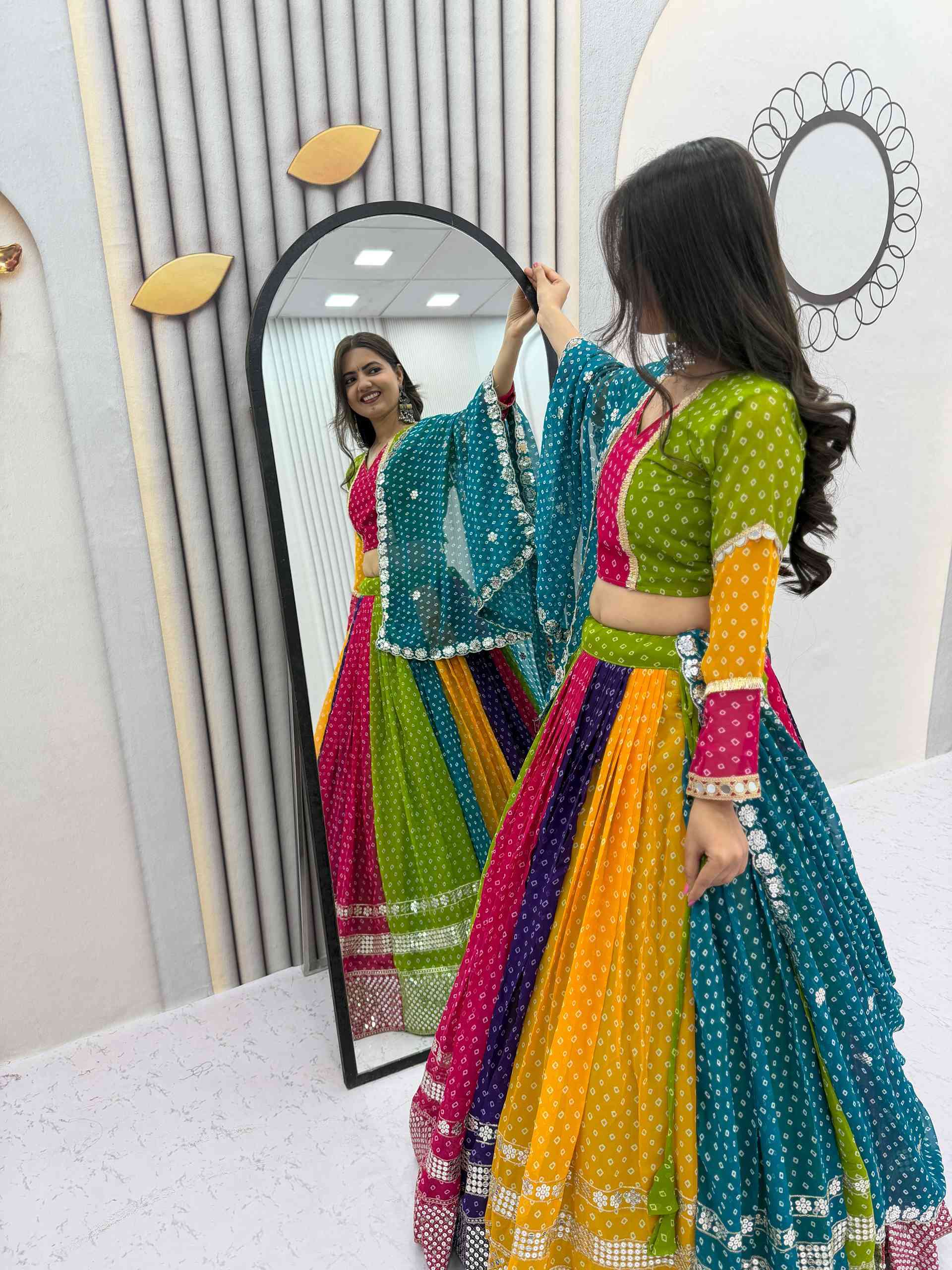 Multi Color Bandhni Printed Chaniya Choli with Sequence Embroidery